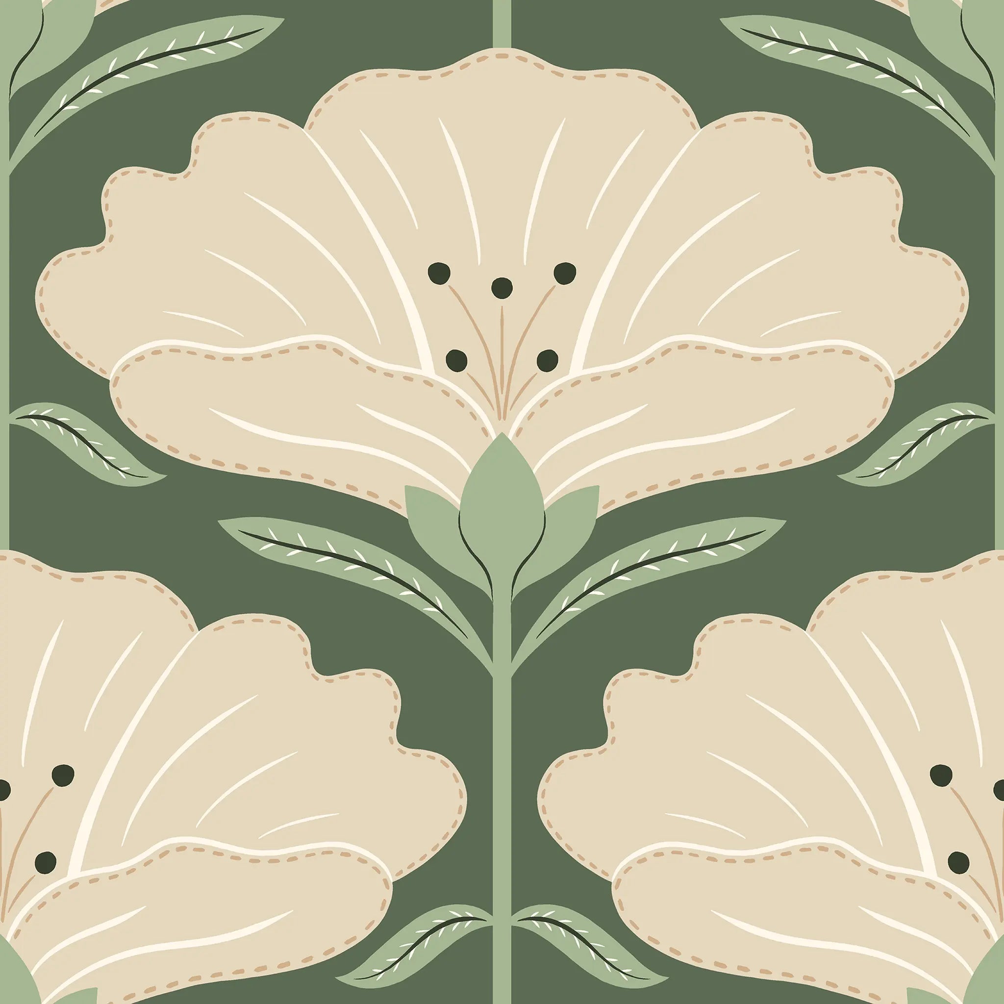 Decorative pattern of beige flowers with green leaves on a green background