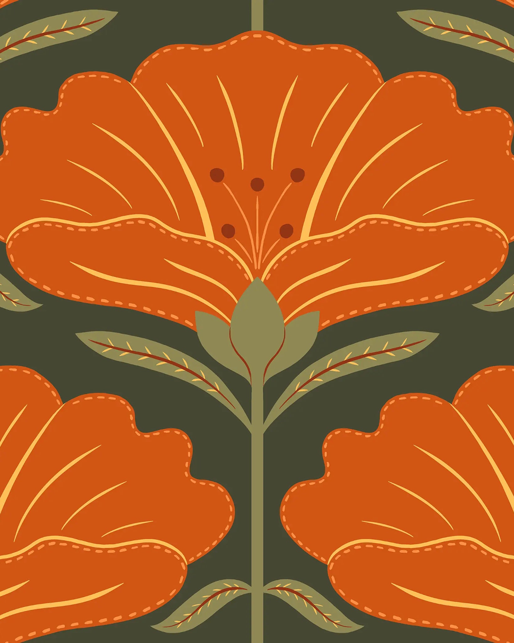 Pattern of orange flowers with green leaves on a dark green background