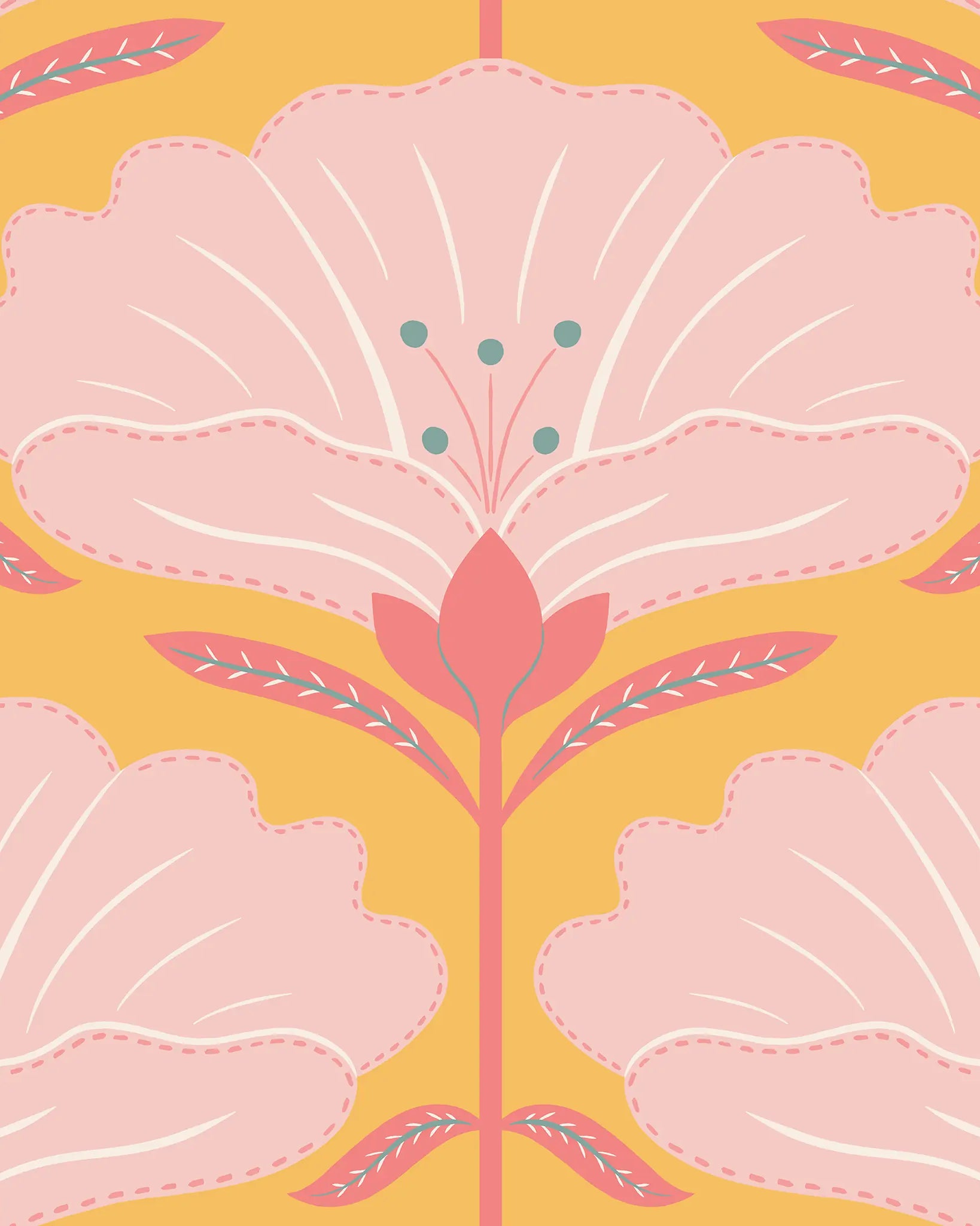 Pattern of pink floral shapes on a yellow background