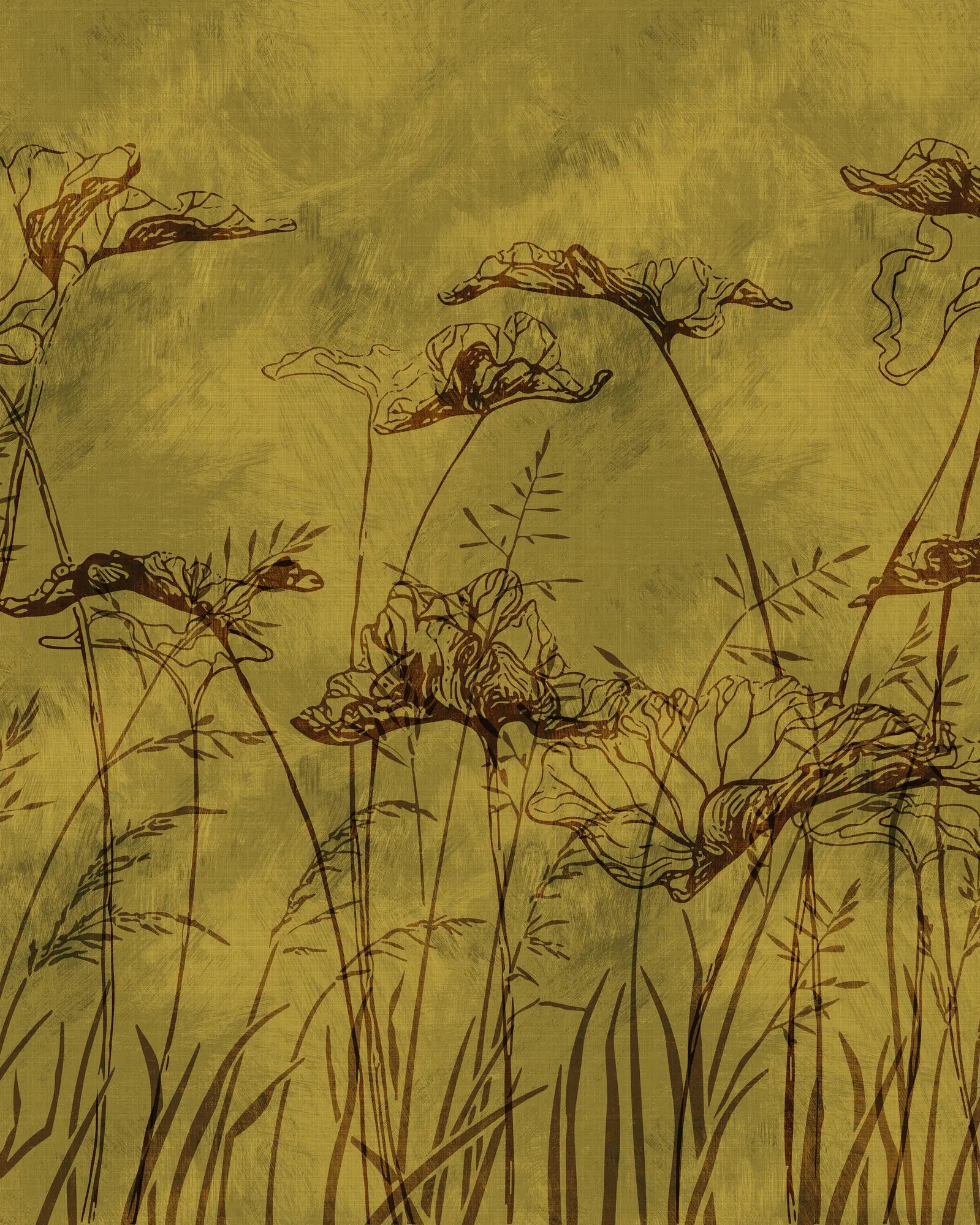 Artistic depiction of flowers and grasses on a textured yellow background