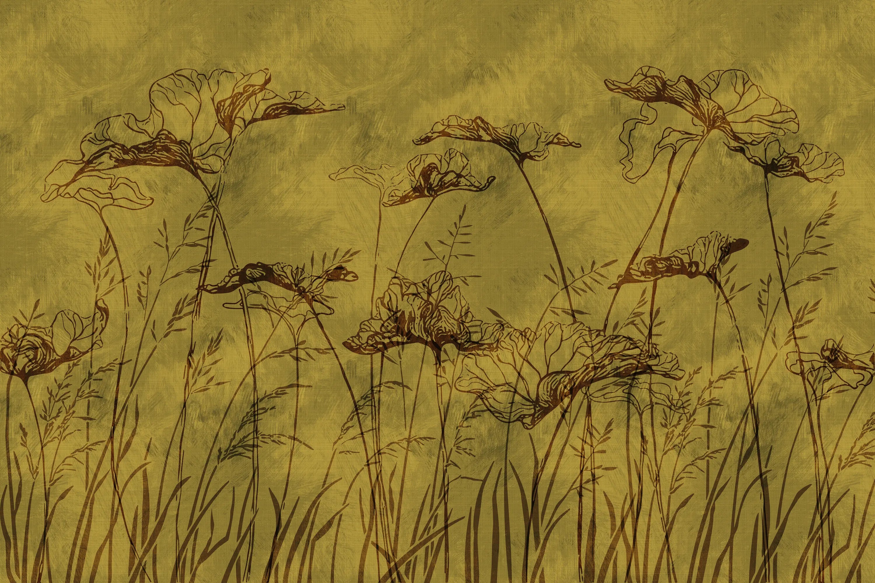 Artistic depiction of flowers and grasses on a textured yellow background