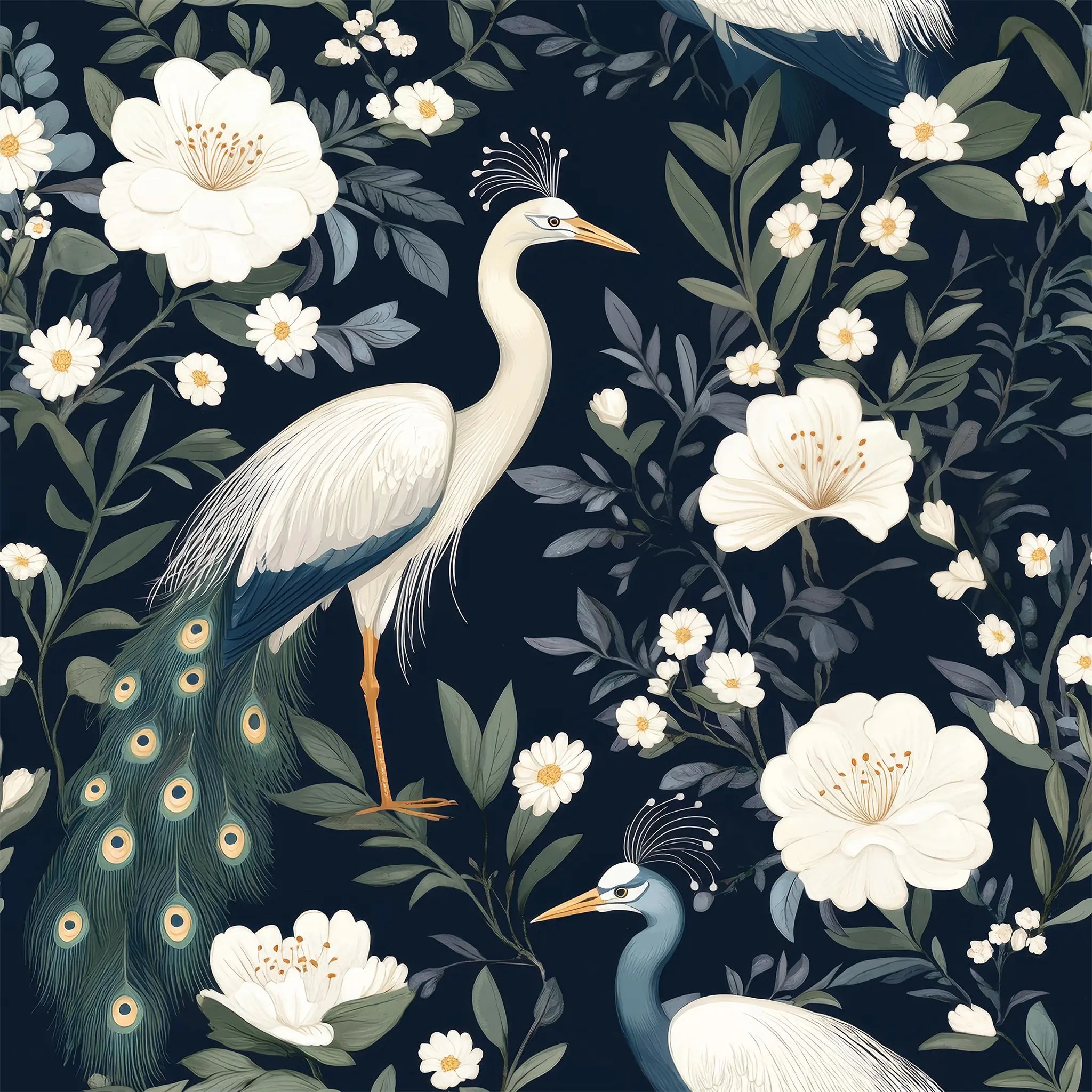 Floral pattern with peacock, herons, and white flowers on a dark background