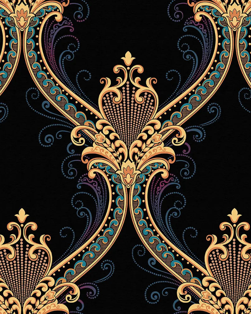 Decorative pattern with gold and blue elements on a black background