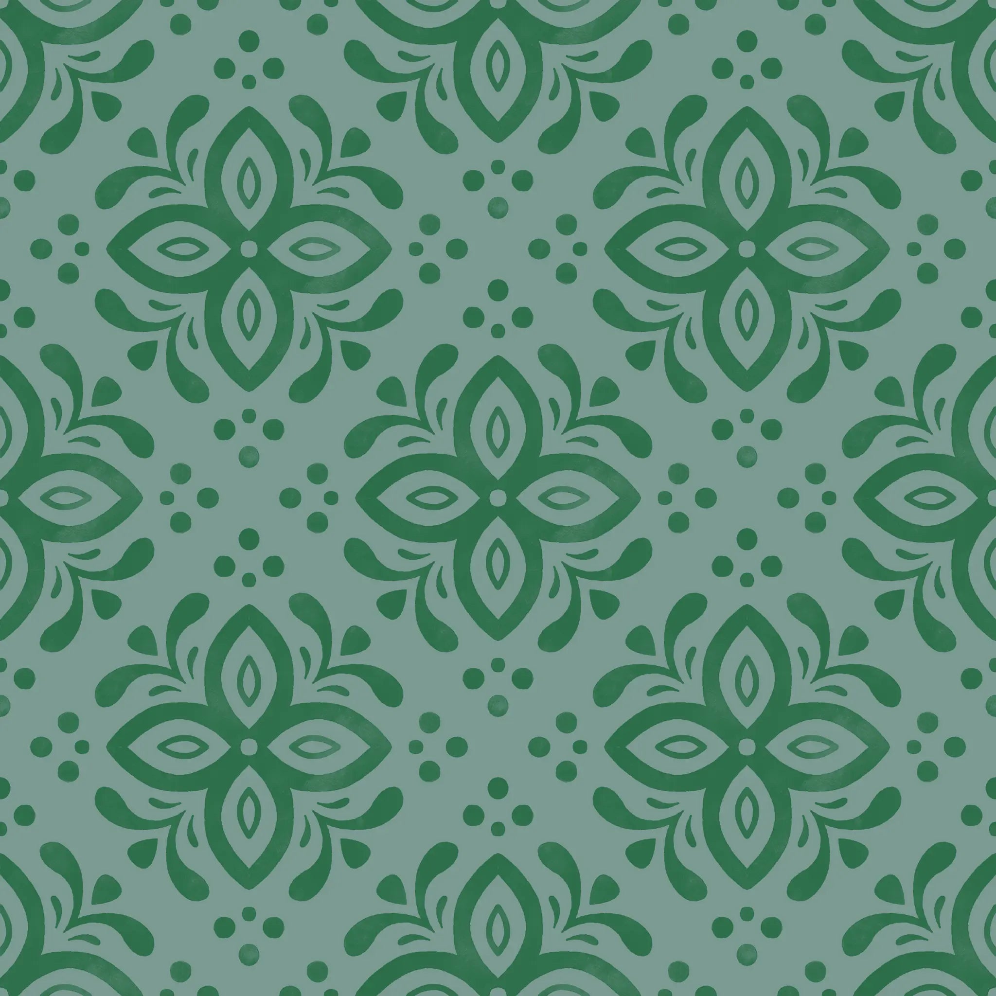 Green floral pattern on a teal background