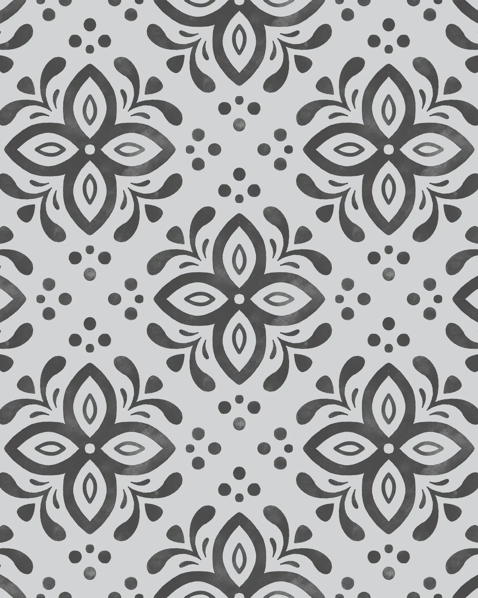 Pattern of black floral shapes on a gray background