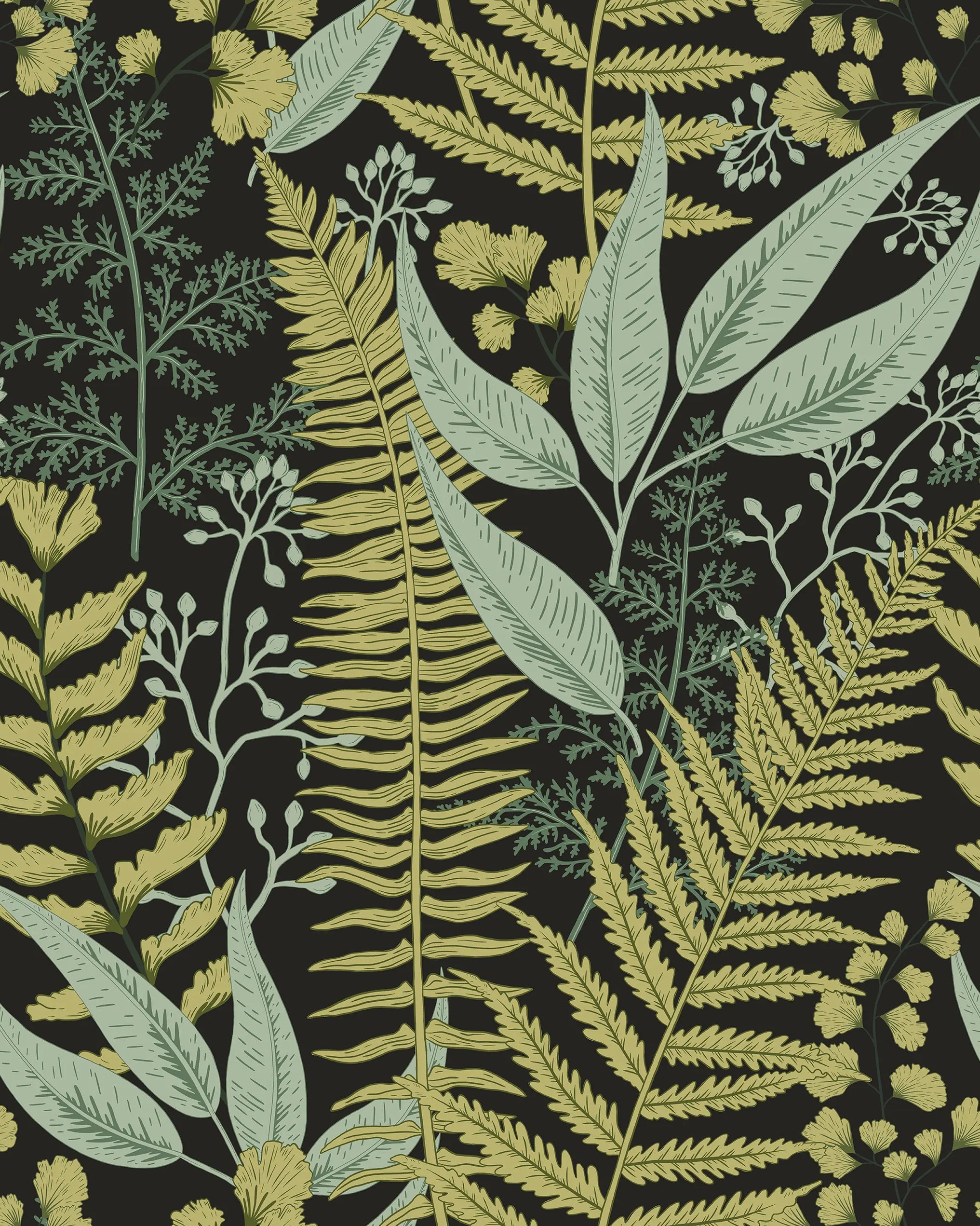 Pattern of green and yellow leaves on a black background