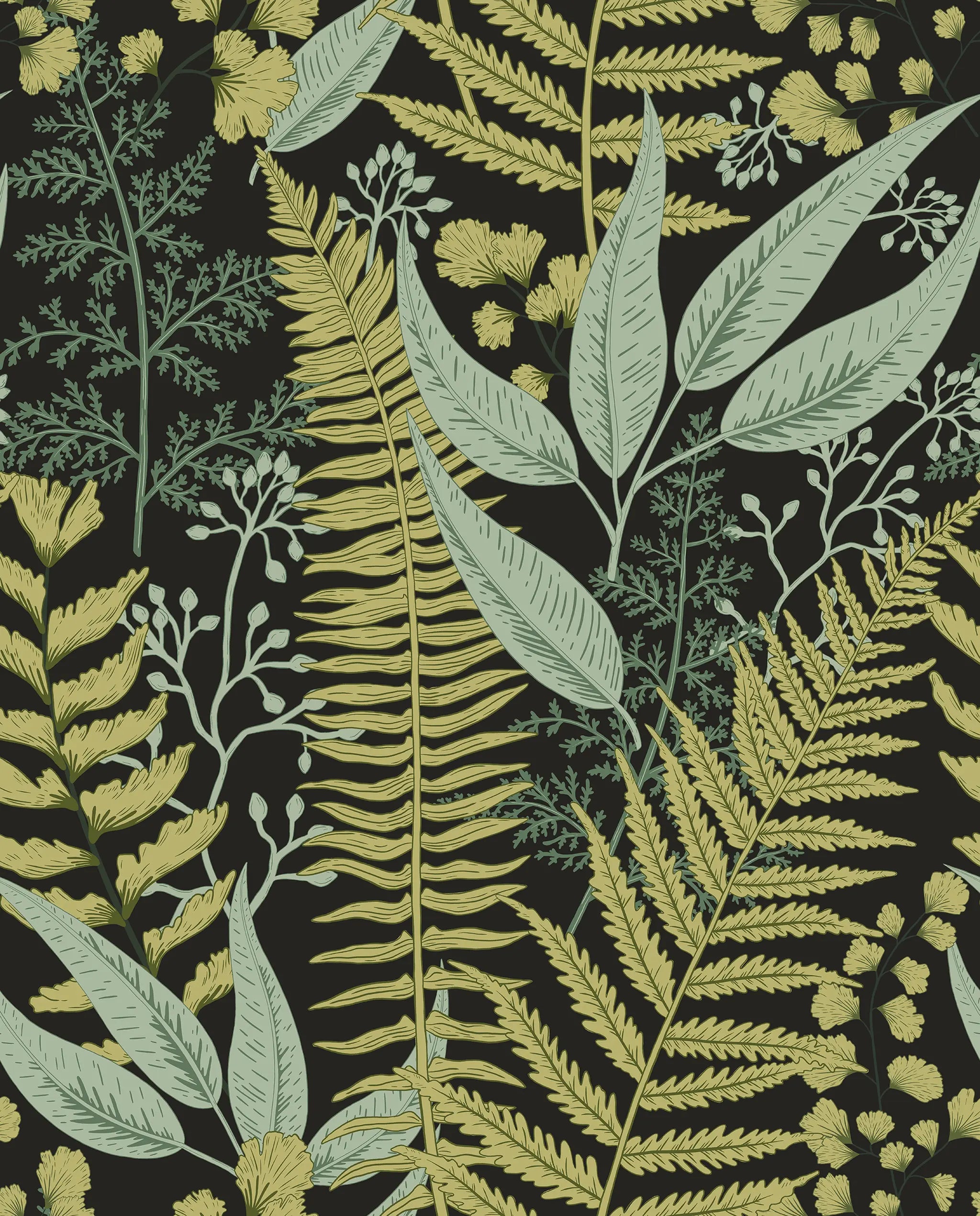 Pattern of green and yellow leaves on a black background
