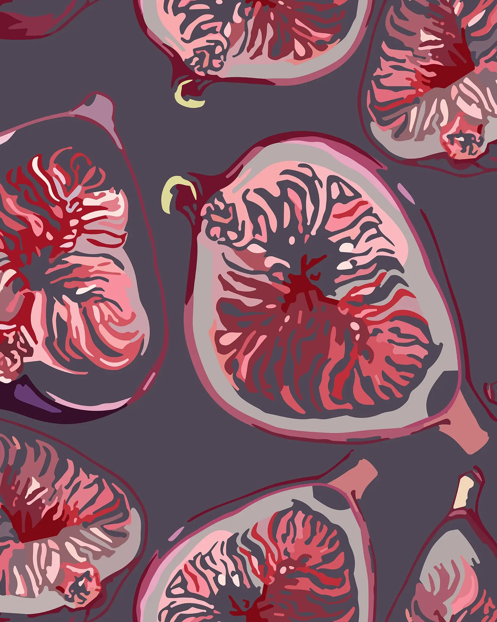 Pattern of sliced figs on a dark background