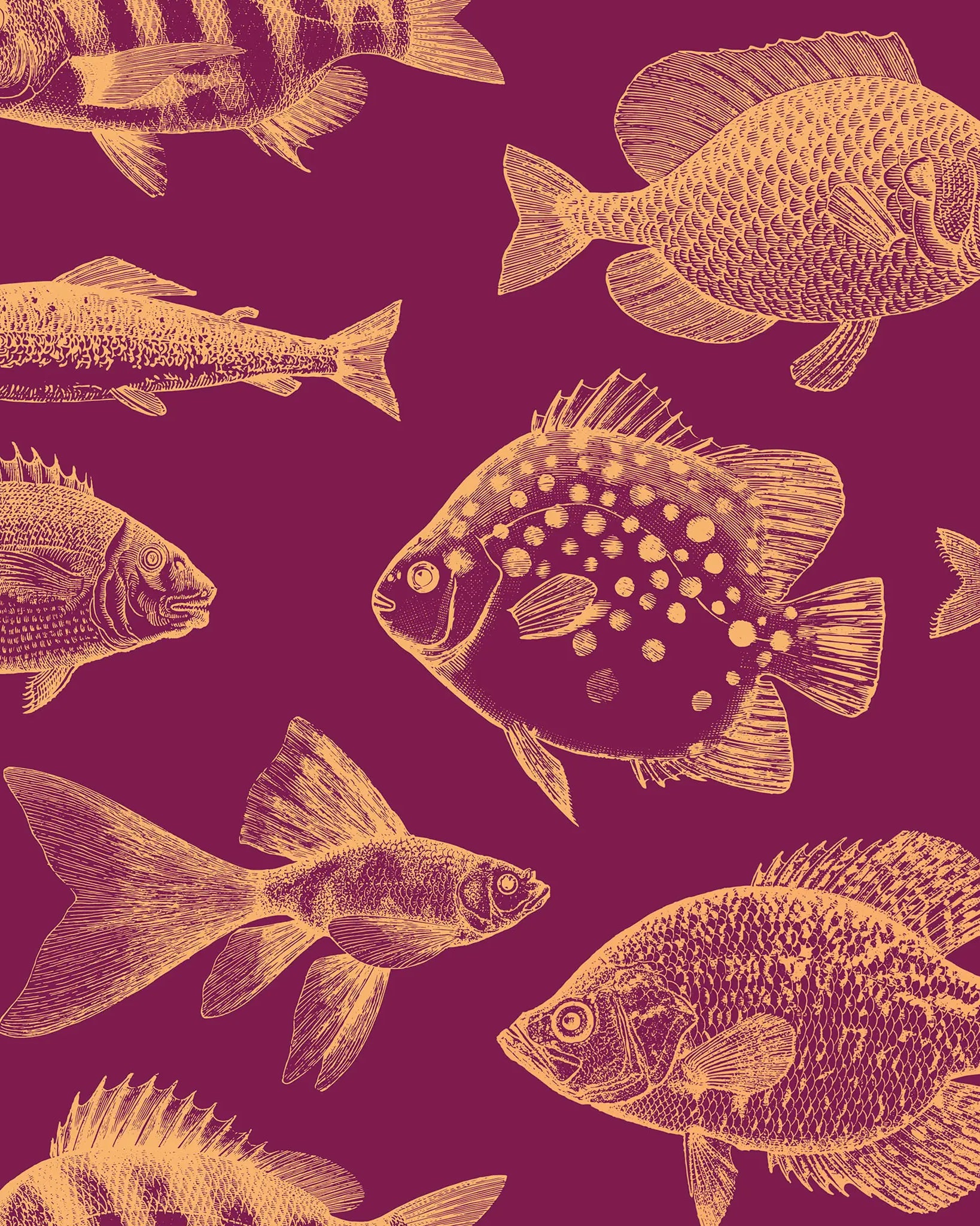 Pattern of fish illustrations on a purple background