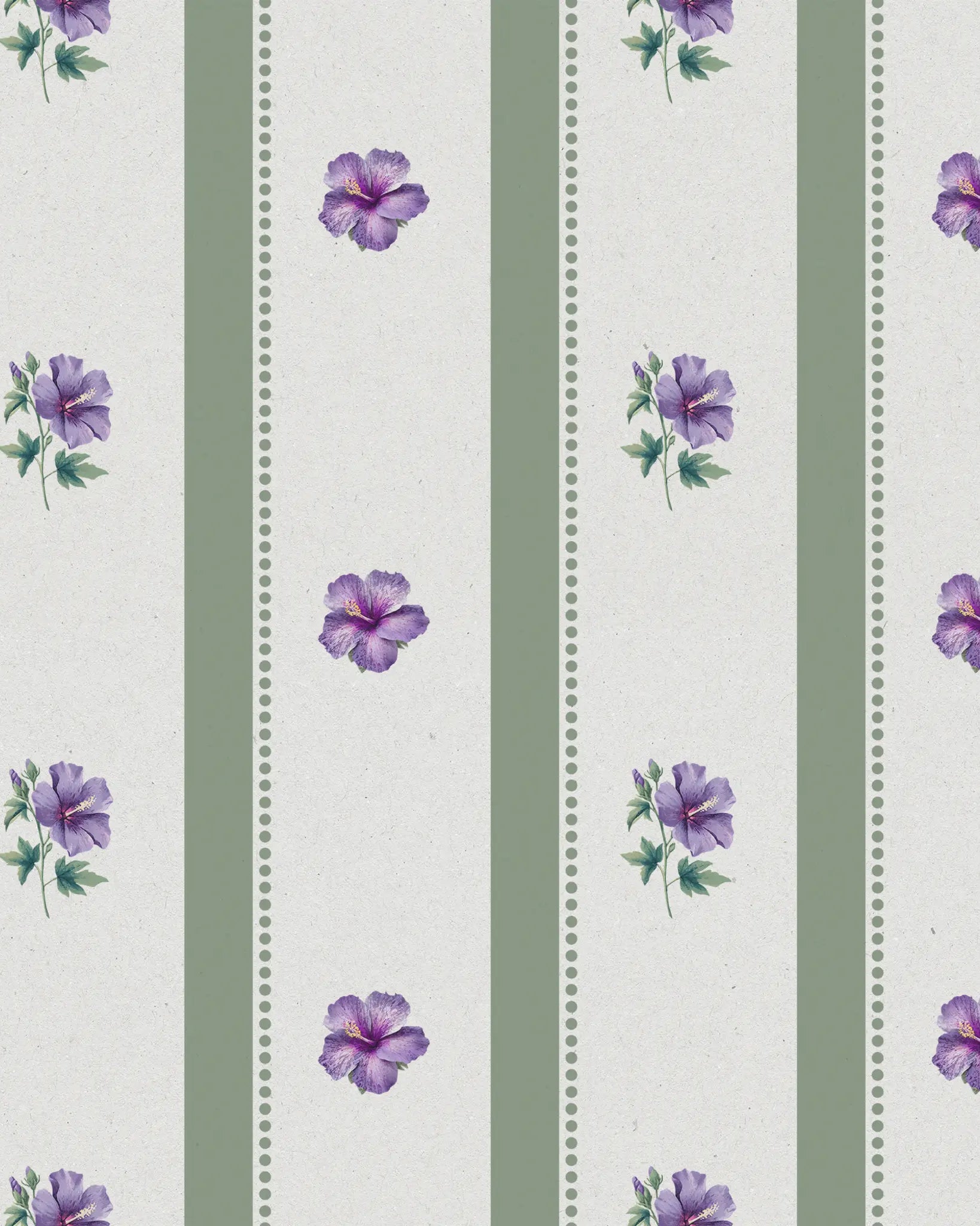 Pattern of purple flowers on a white background with green stripes