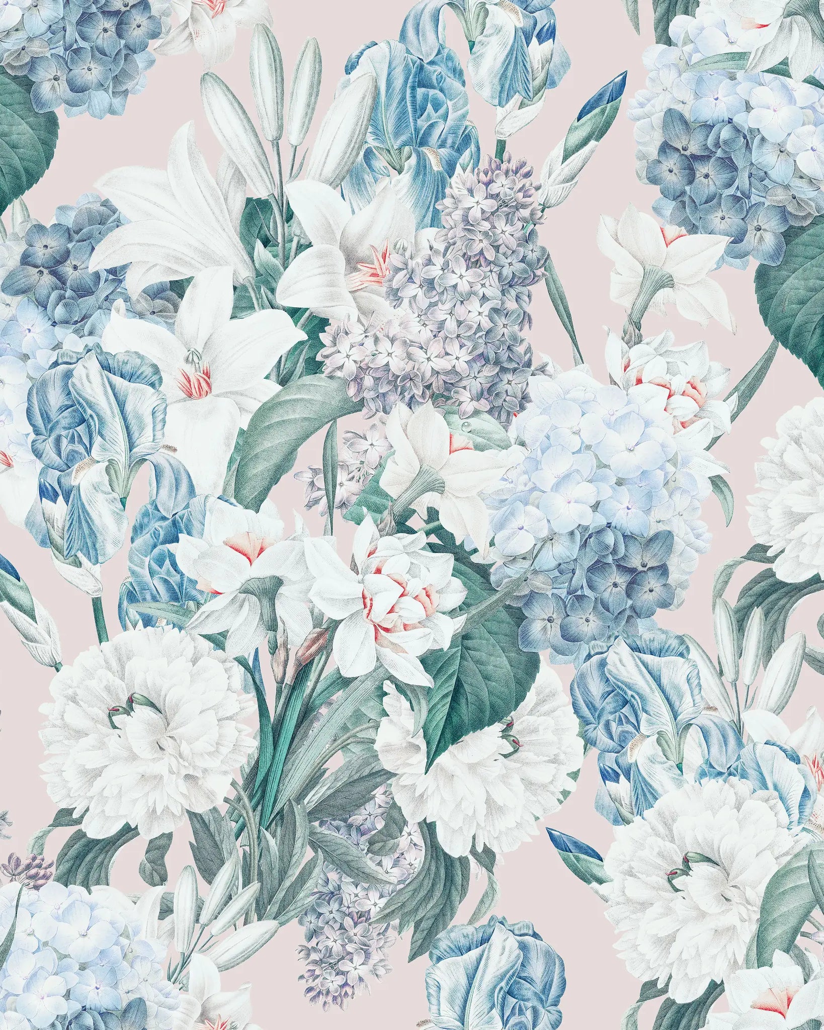 A wallpaper featuring a vibrant floral pattern with various flowers in shades of blue, beige, and white.