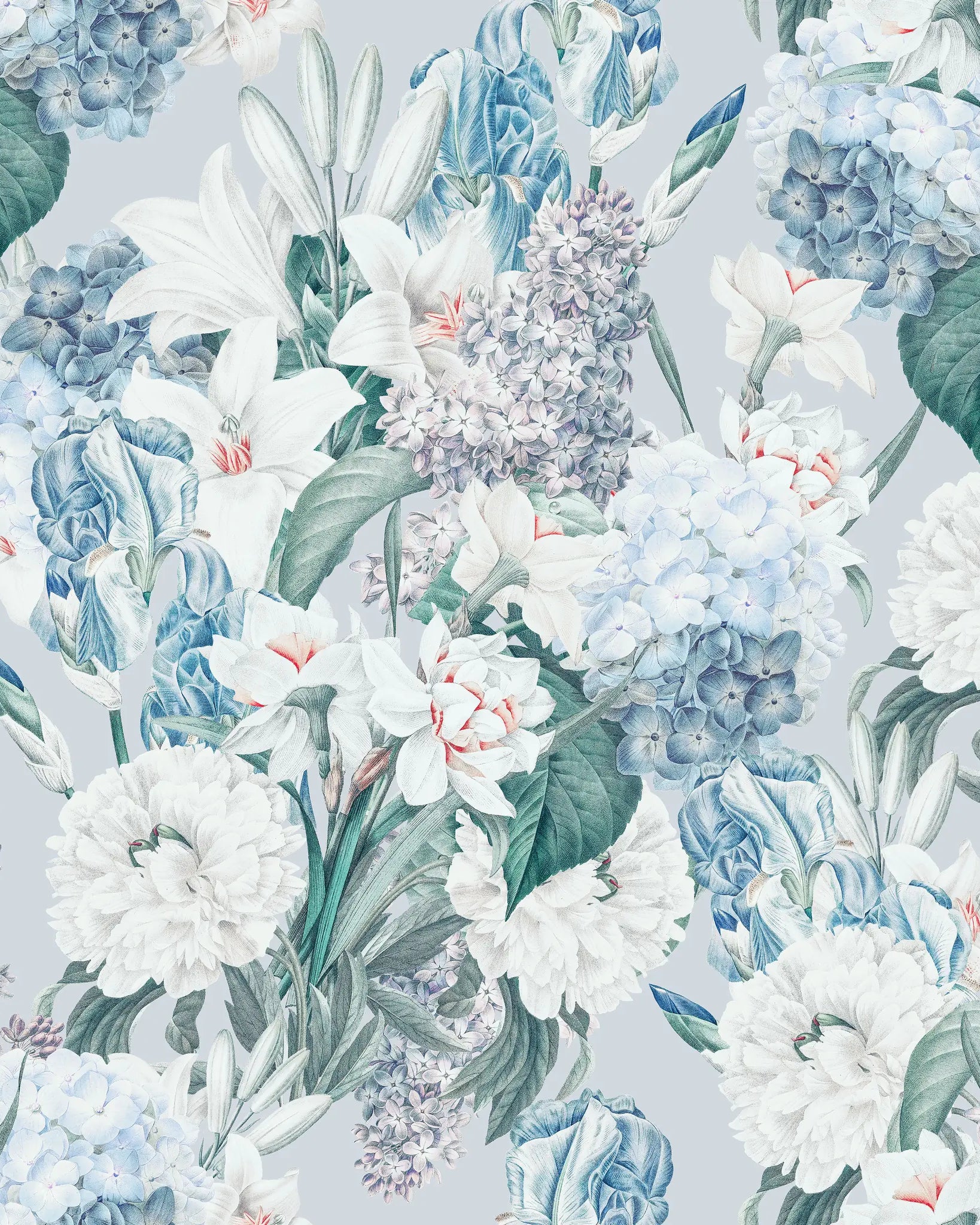 Pattern of blue and white flowers with green leaves on a light gray background