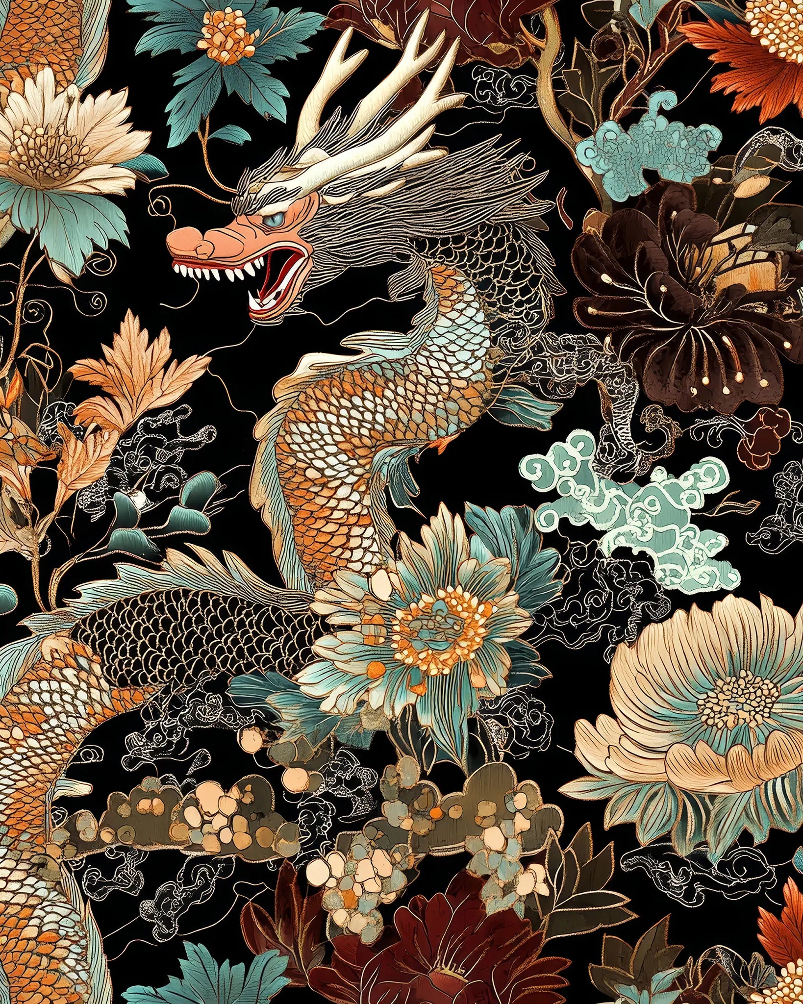 Decorative pattern with dragons and flowers on a black background