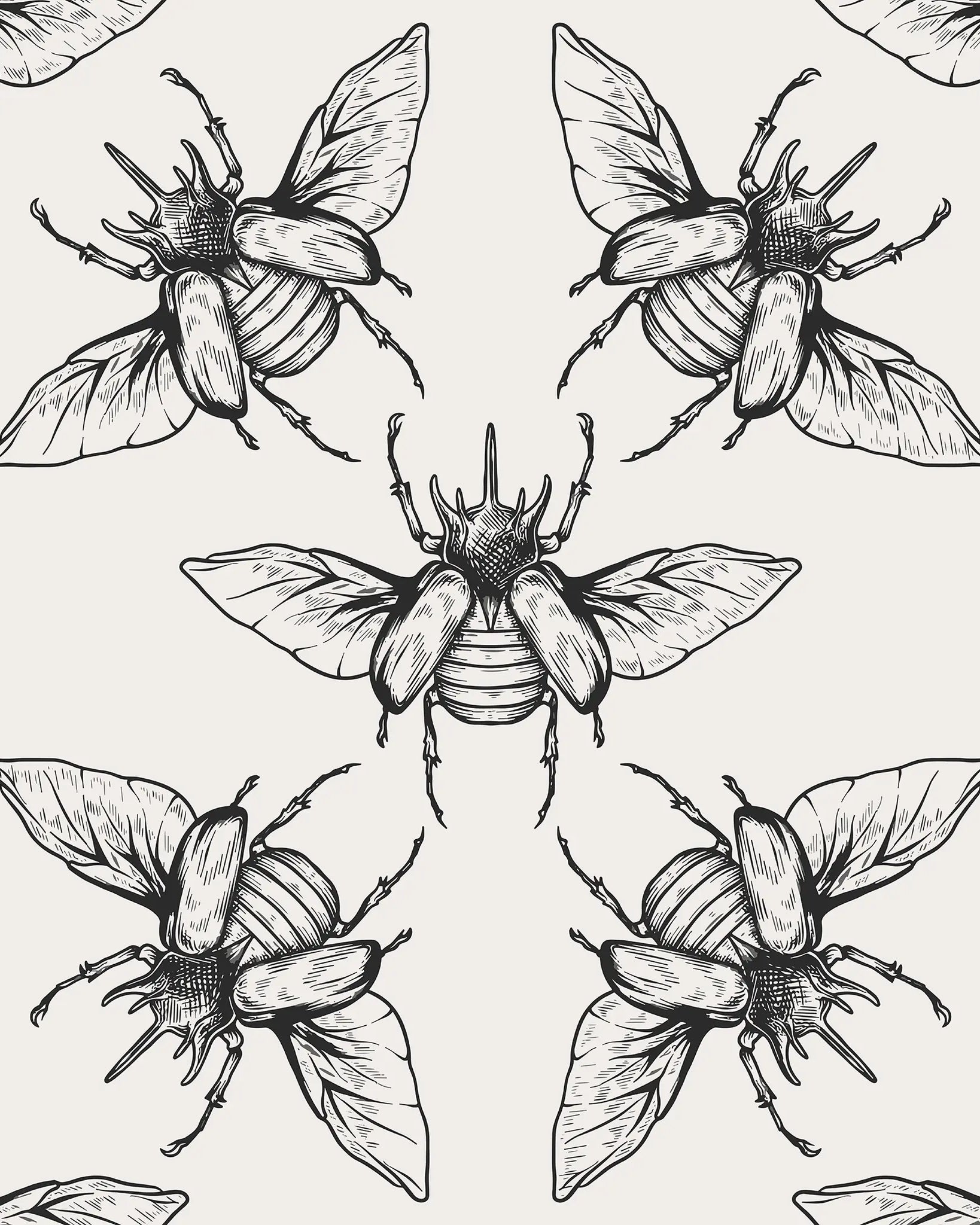 Repeating pattern of black and white beetle illustrations on a light background