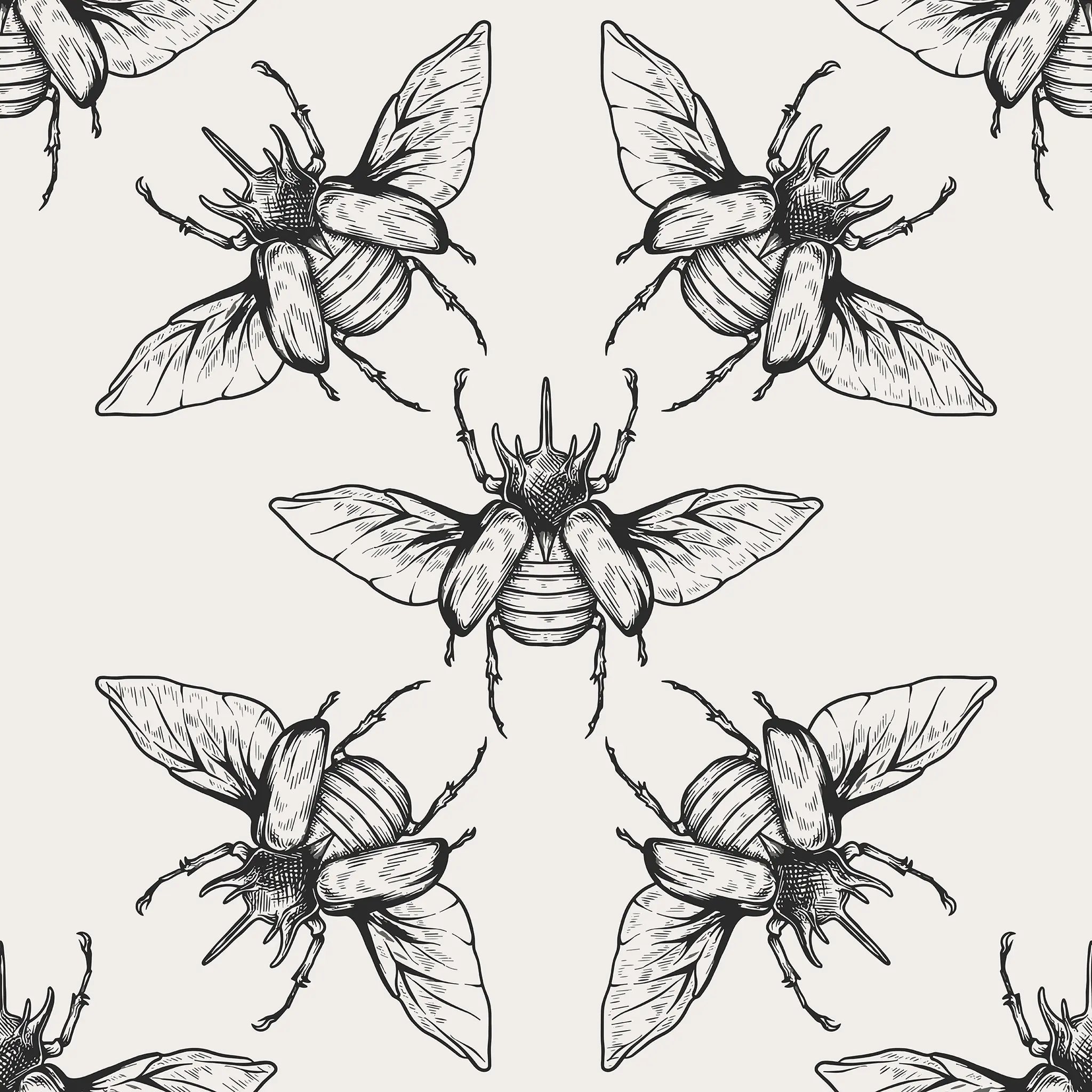 Repeating pattern of black and white beetle illustrations on a light background