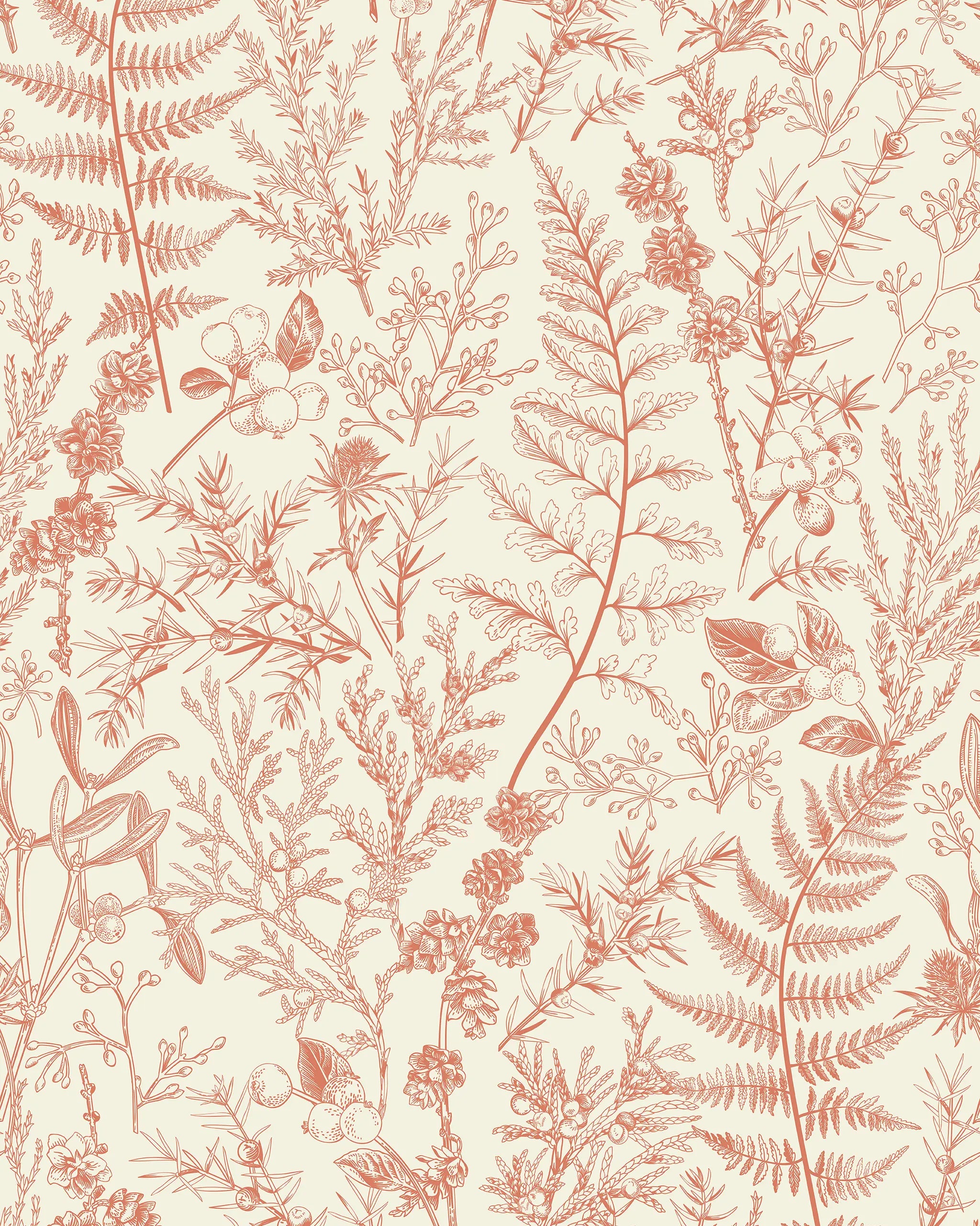 Pattern of red floral and leaf designs on a beige background