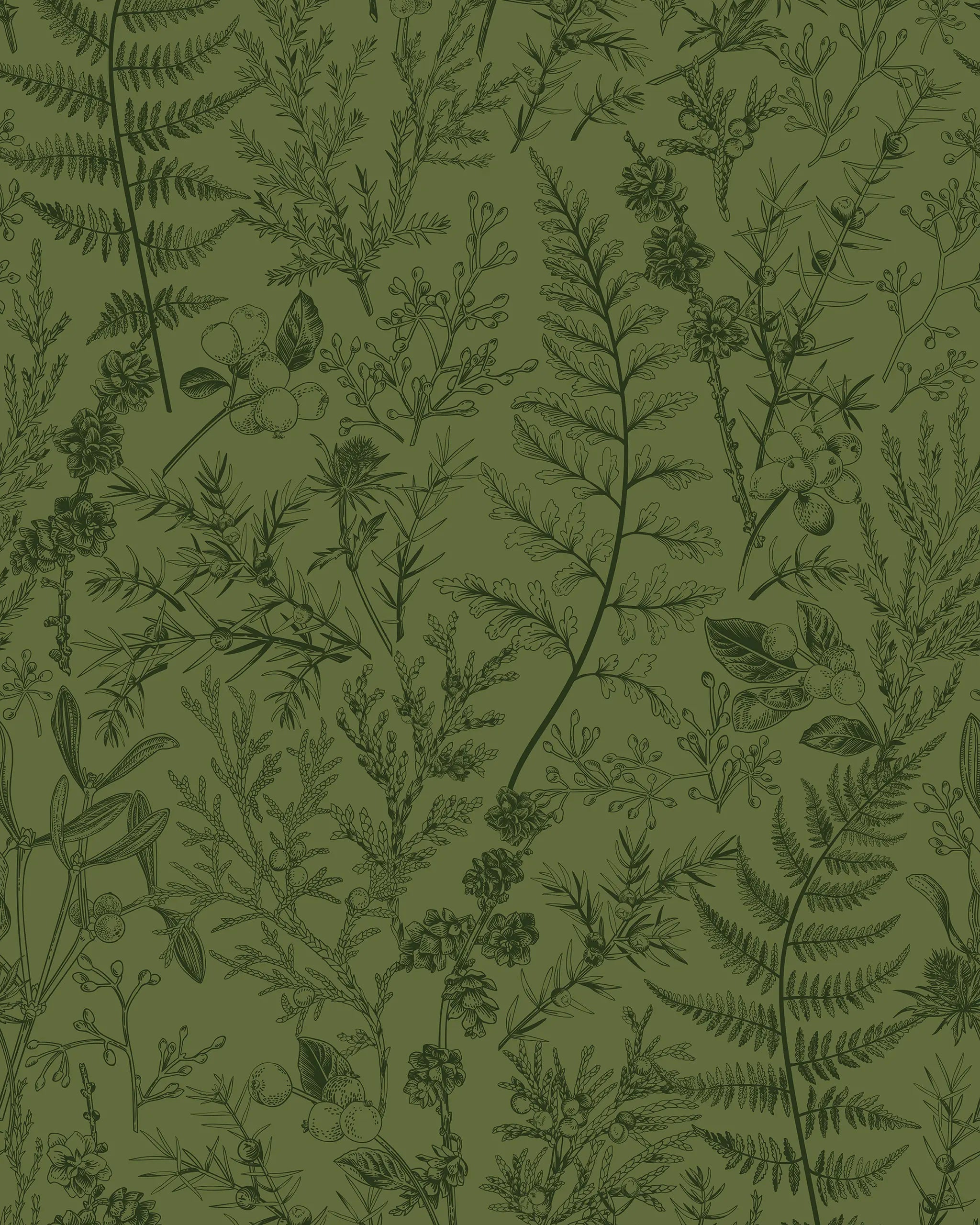 Pattern of various plants and leaves on a green background