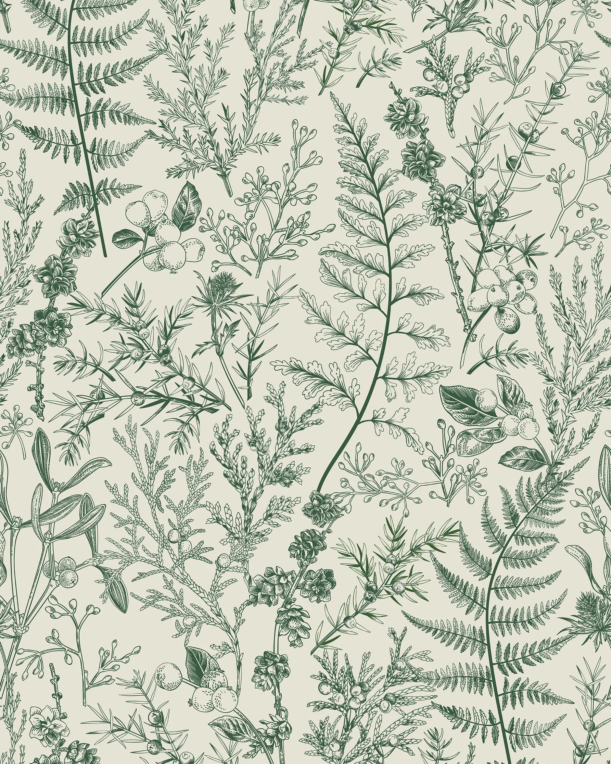 Pattern of green botanical illustrations on a beige background