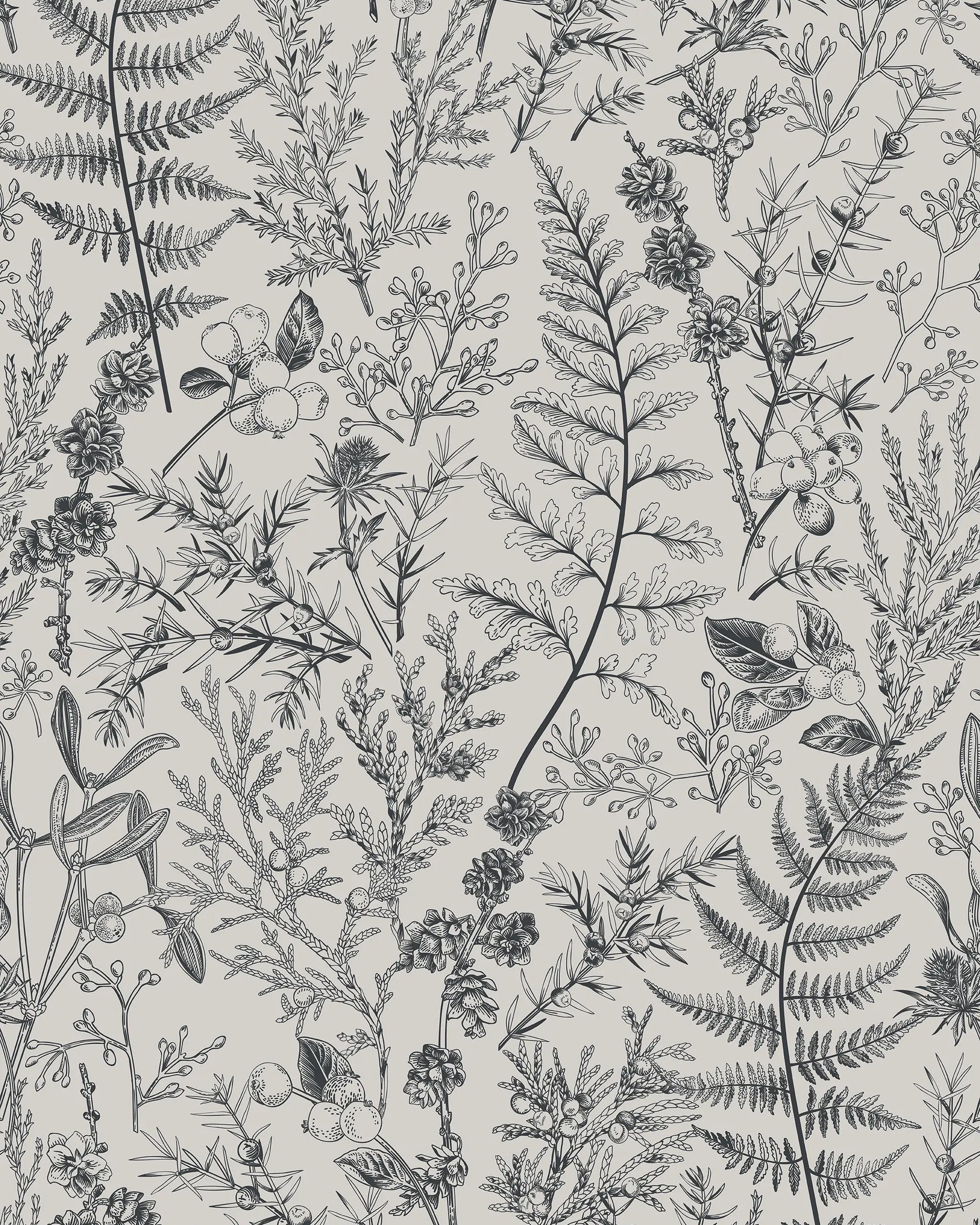 Pattern of black botanical illustrations on a light gray background