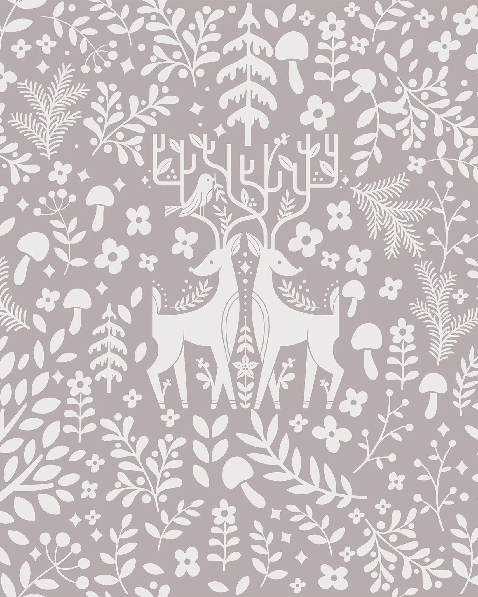 White forest scene with deer, flowers, and trees on a gray background