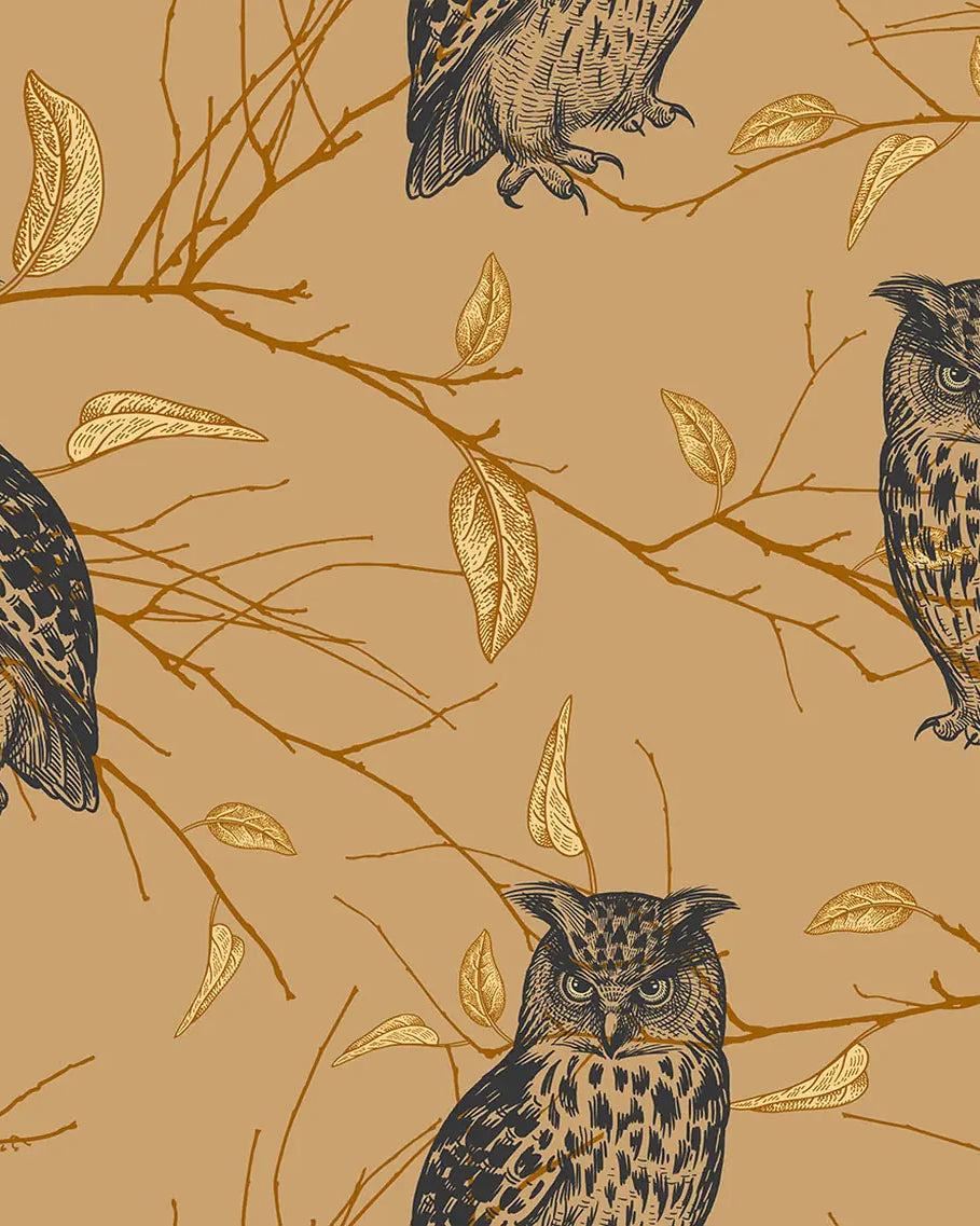 Pattern of owls and branches on a beige background