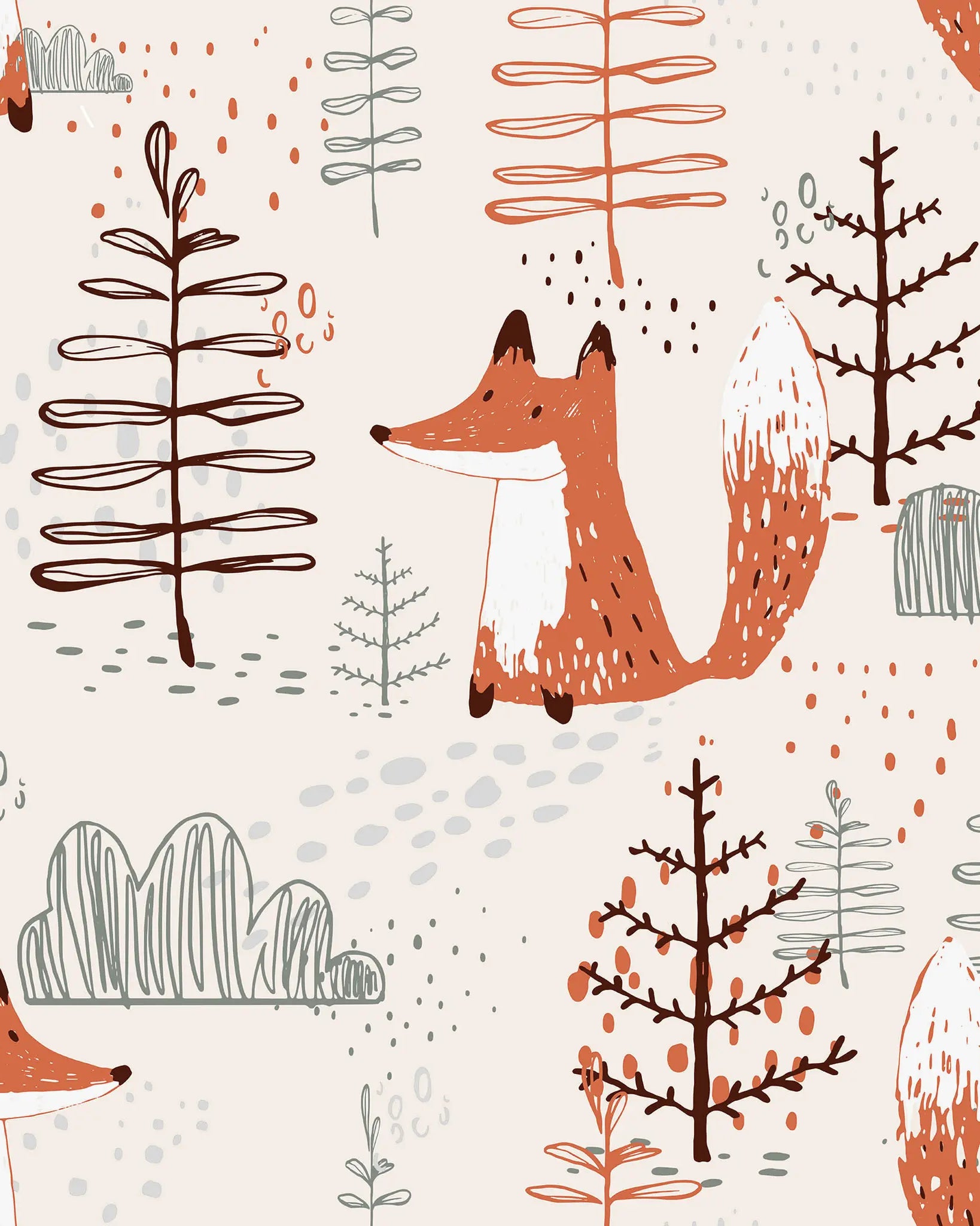 Pattern of foxes and trees on a light background