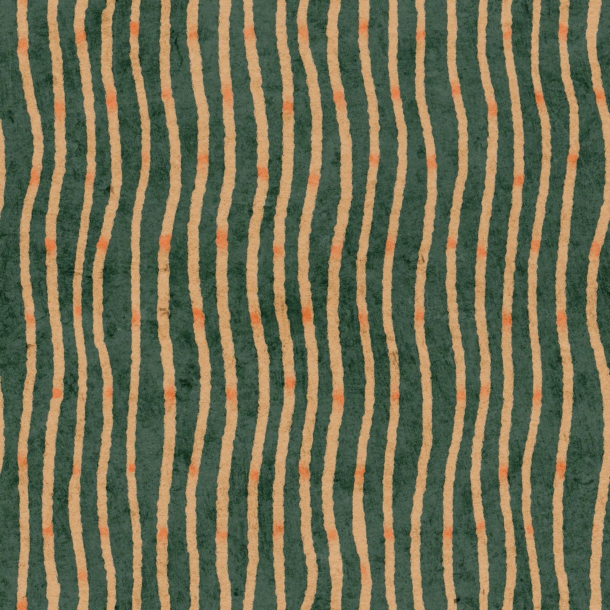Patterned fabric with wavy green and beige stripes