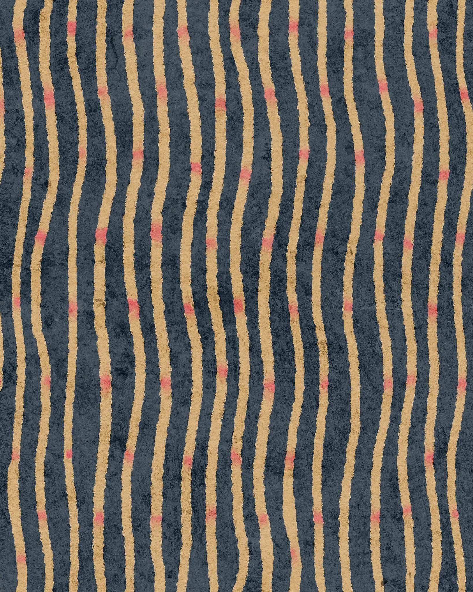 Patterned fabric with wavy lines and small red dots on a dark blue background