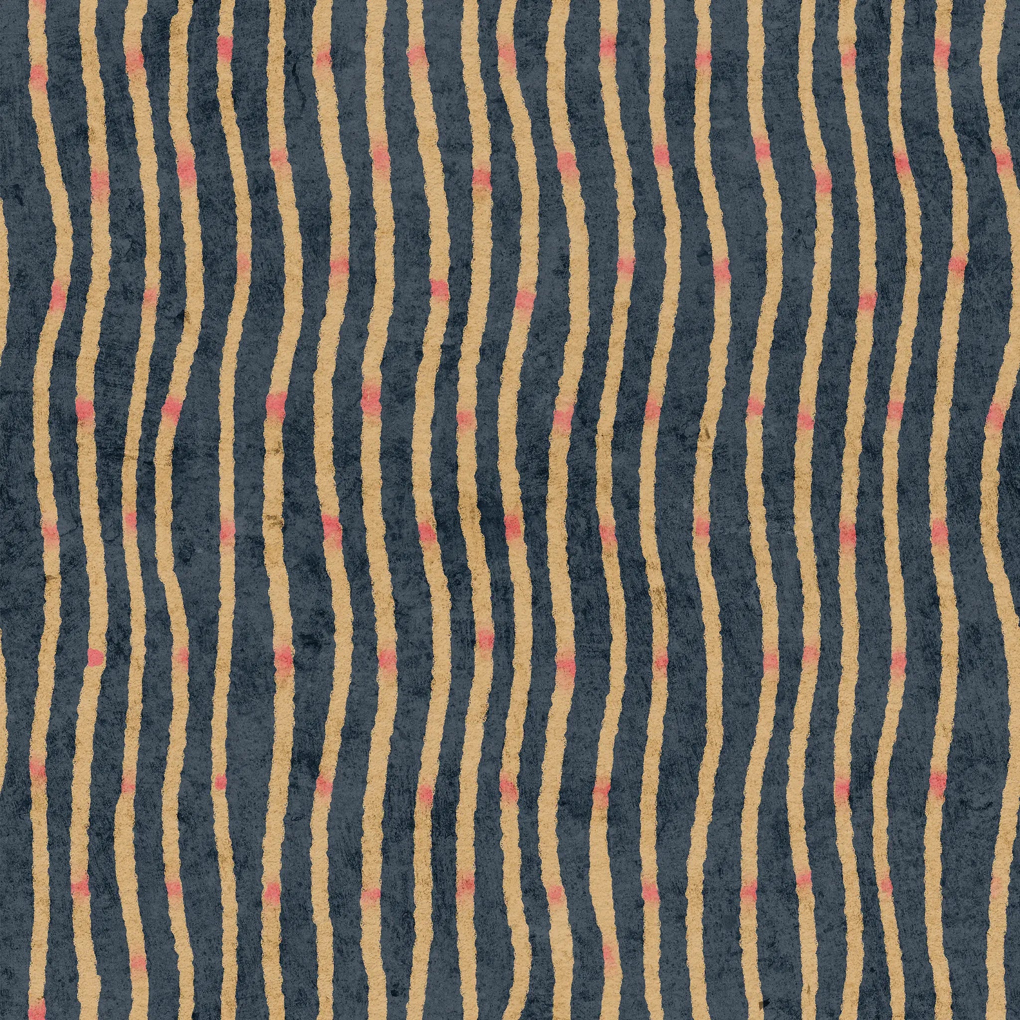 Patterned fabric with wavy lines and small red dots on a dark blue background