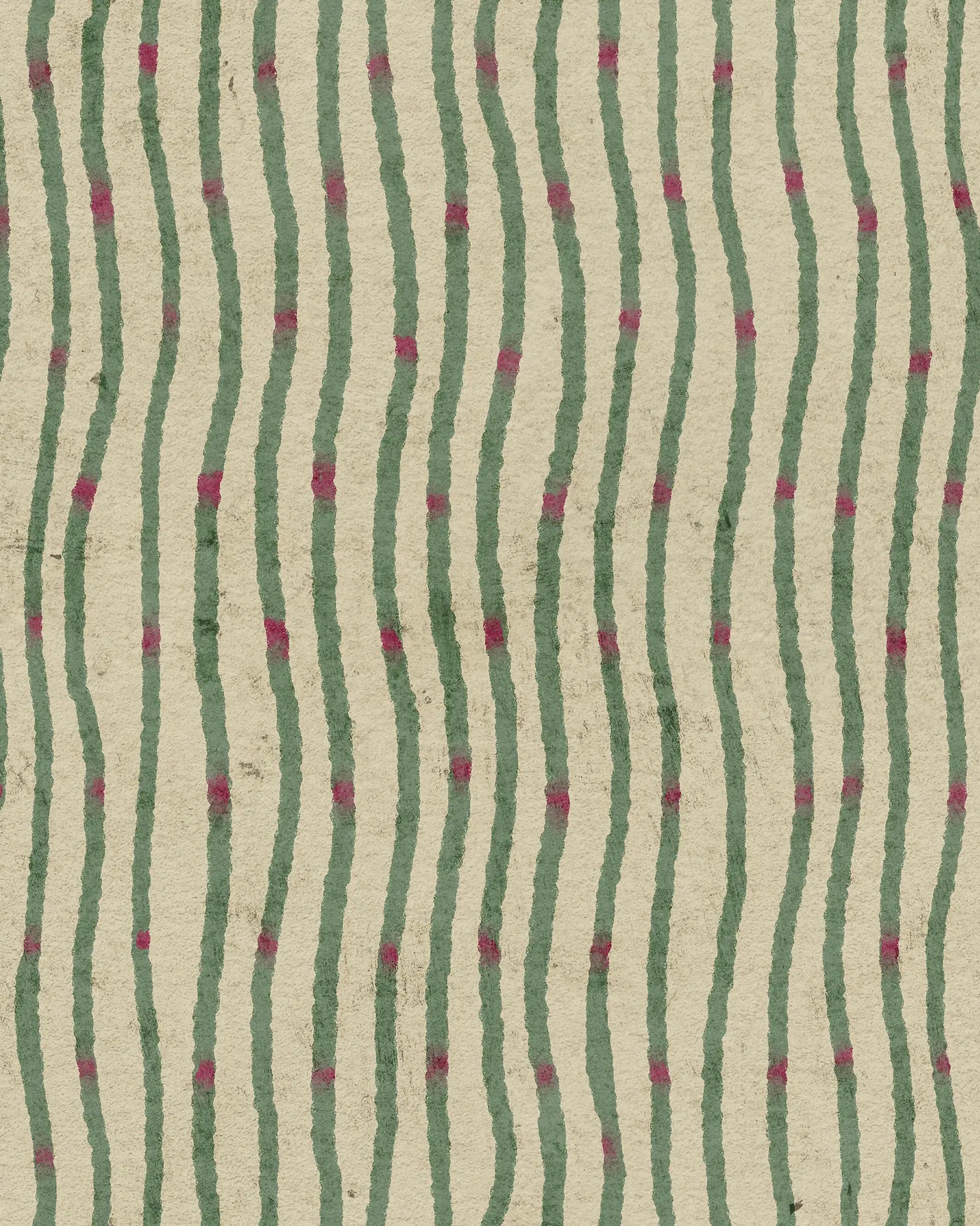 Textile pattern with green wavy lines and pink dots on a beige background