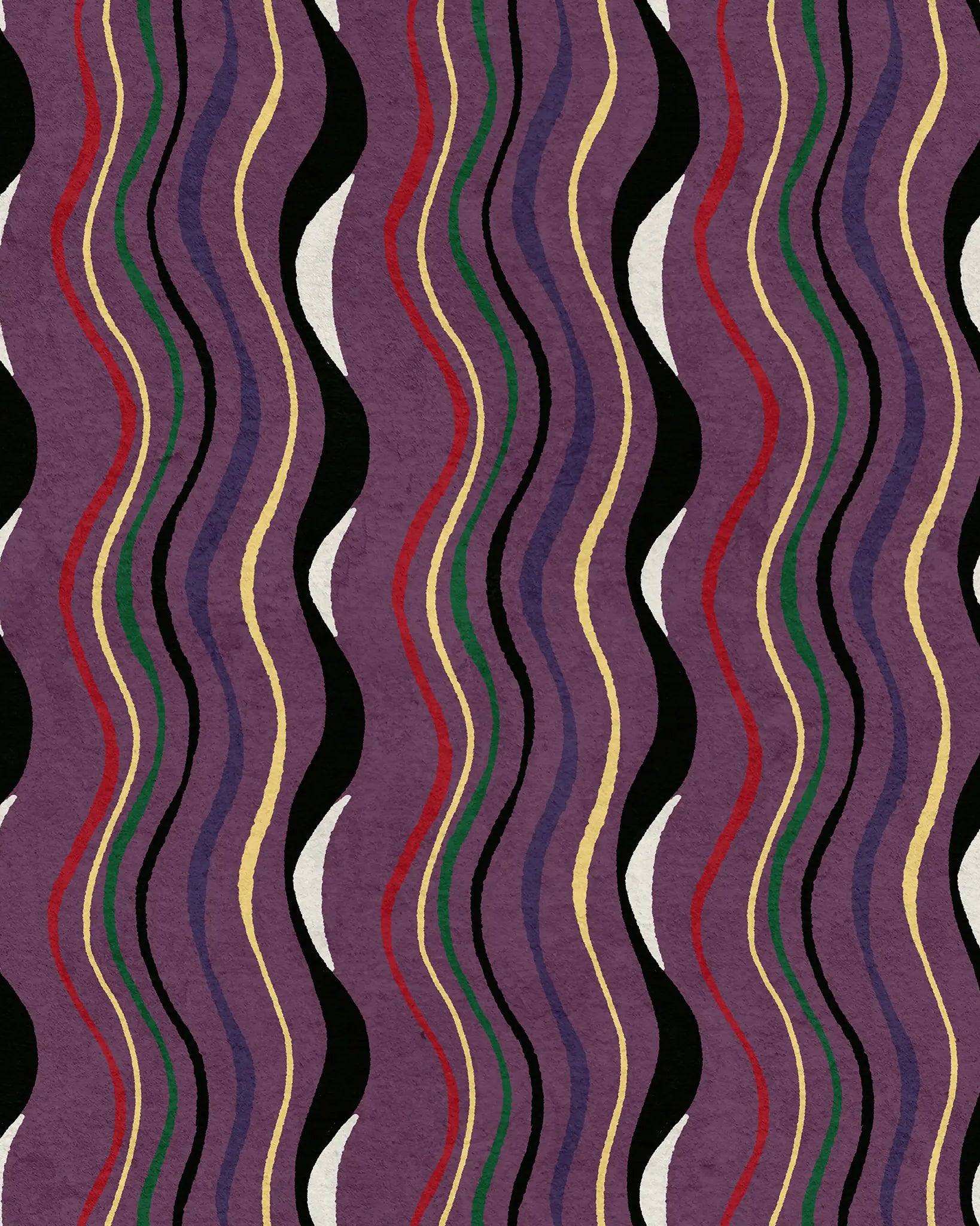 Patterned fabric with wavy lines in various colors on a purple background
