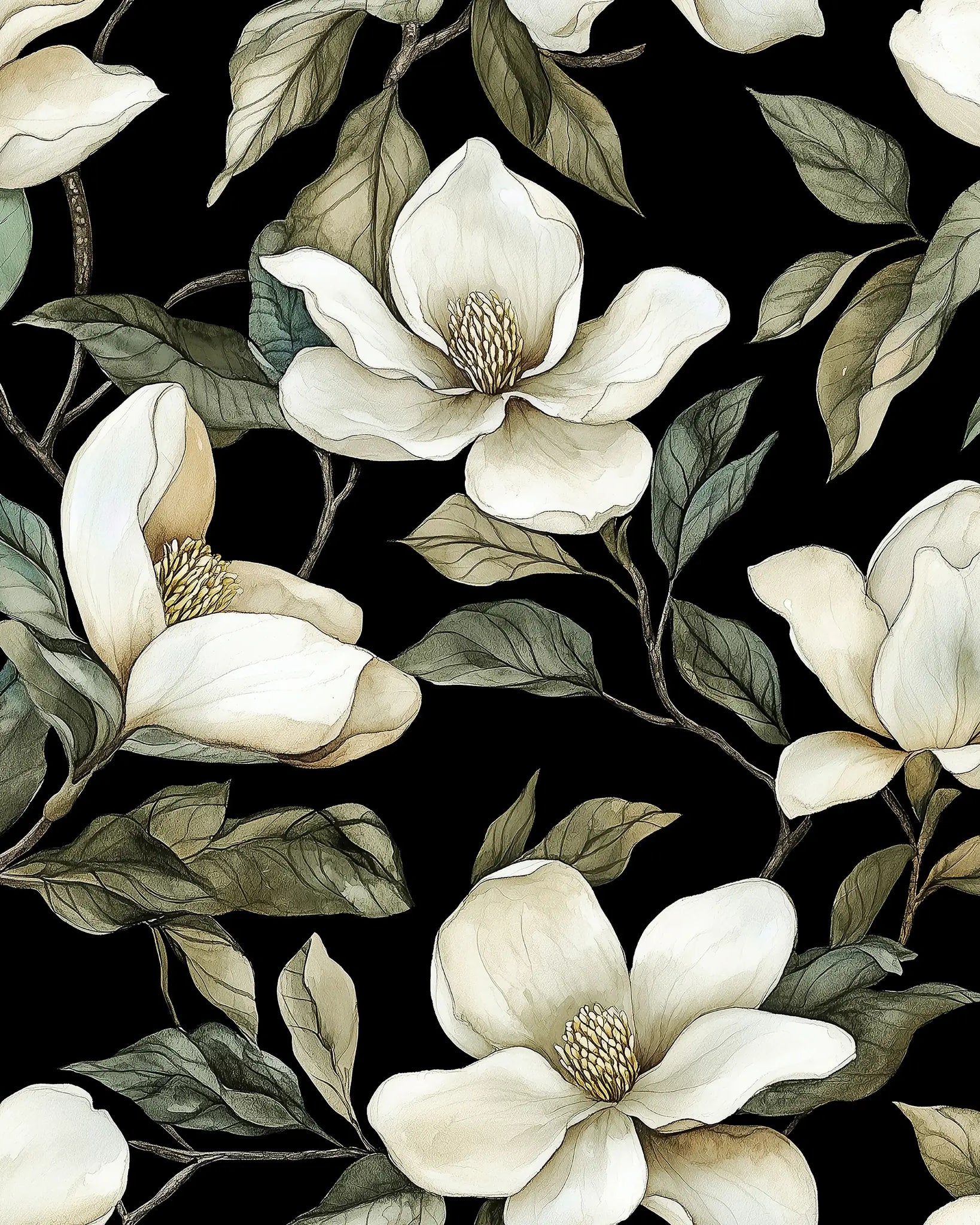 Pattern of white flowers and green leaves on a black background