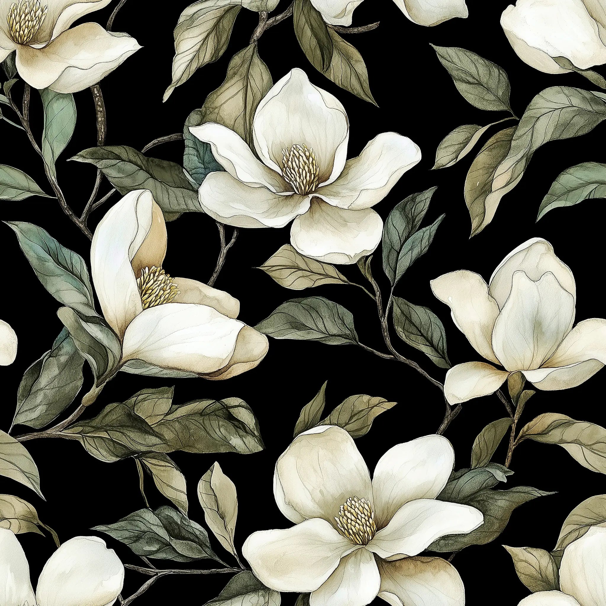 Pattern of white flowers and green leaves on a black background