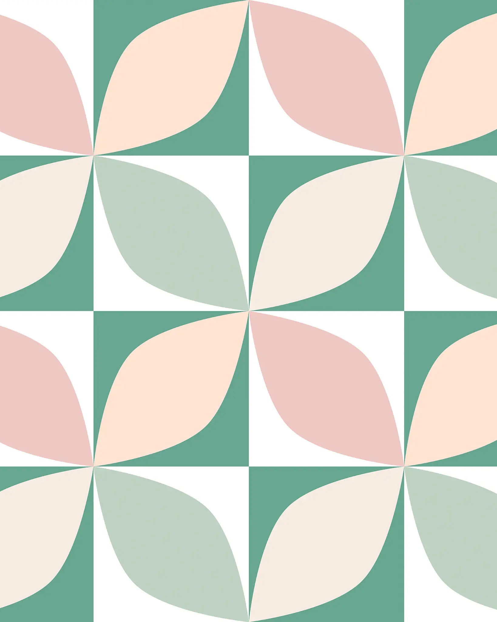 Pattern of leaf-shaped tiles in pastel colors on a green and white grid background
