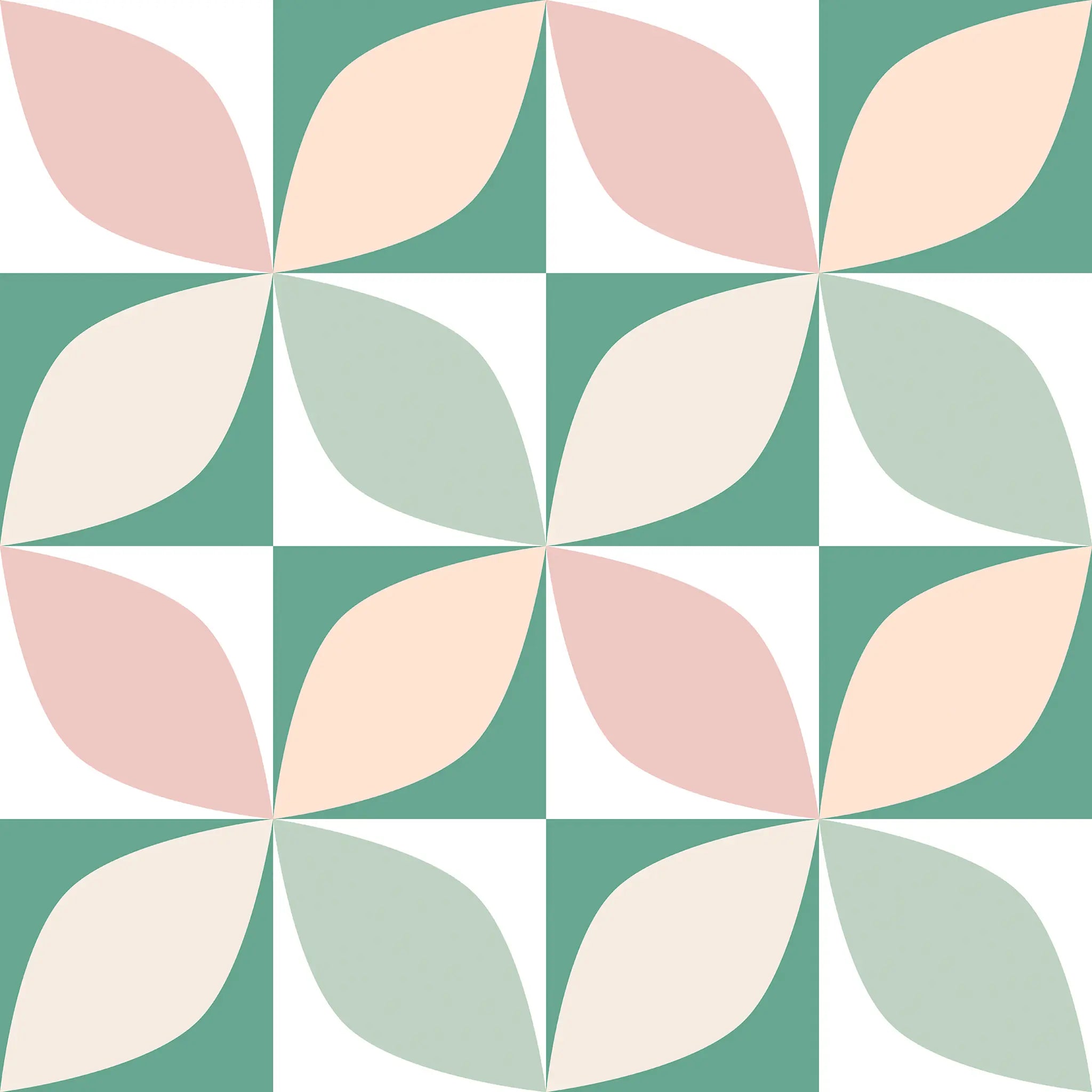 Pattern of leaf-shaped tiles in pastel colors on a green and white grid background
