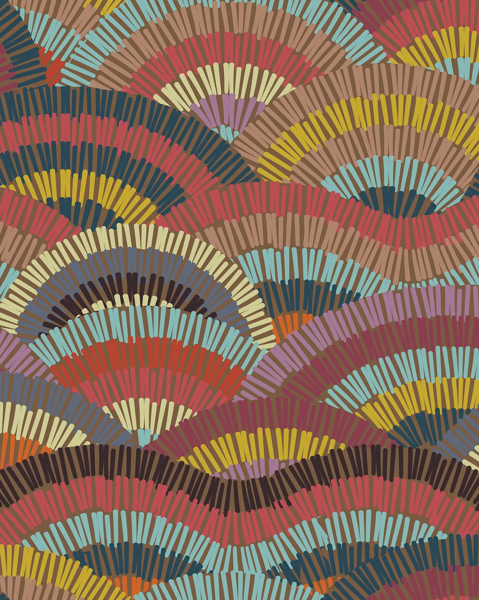 Colorful patterned fabric with wavy lines and geometric shapes