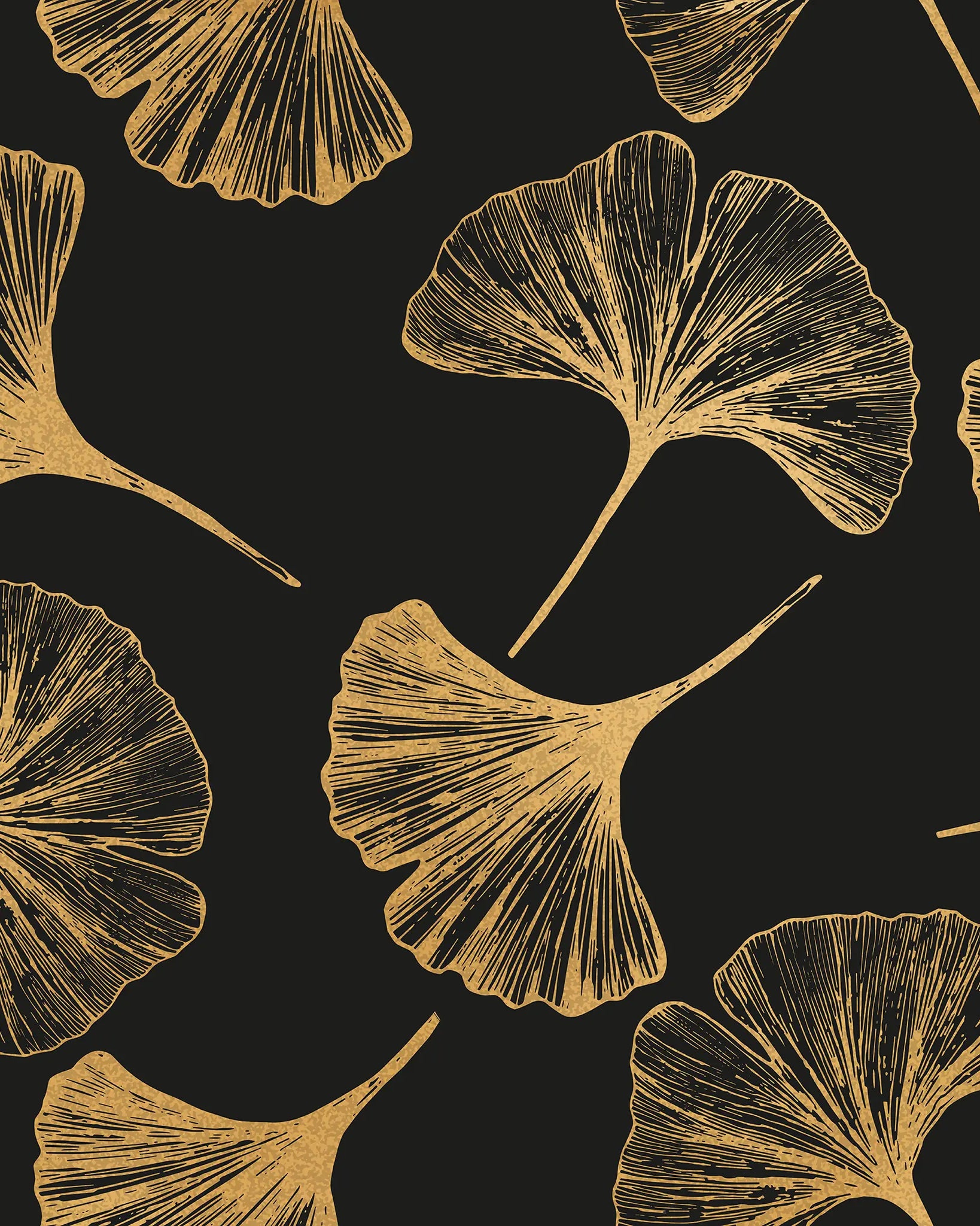 Gold ginkgo leaves pattern on a black background