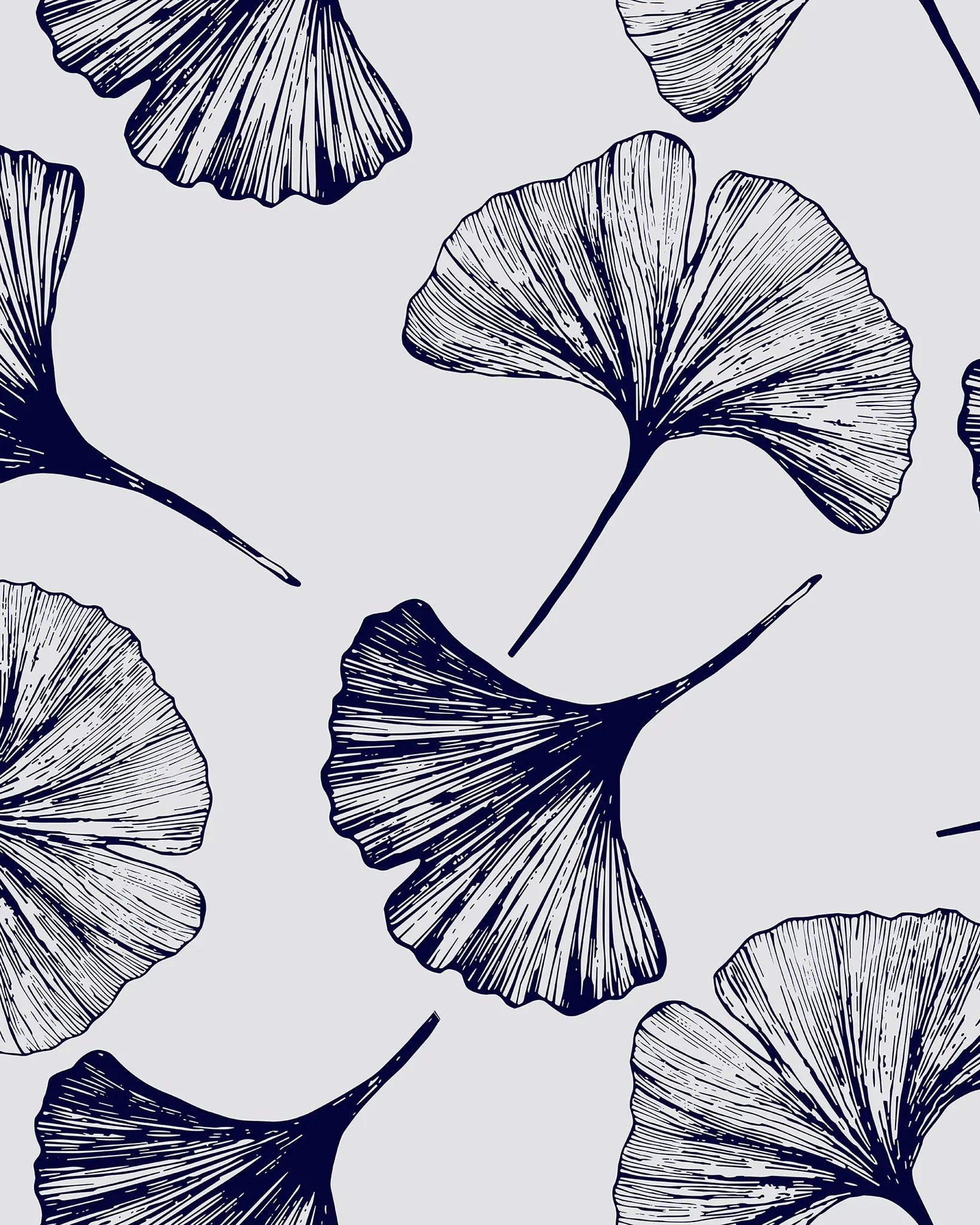 pattern of hand-drawn navy ginkgo leaves on a light gray background