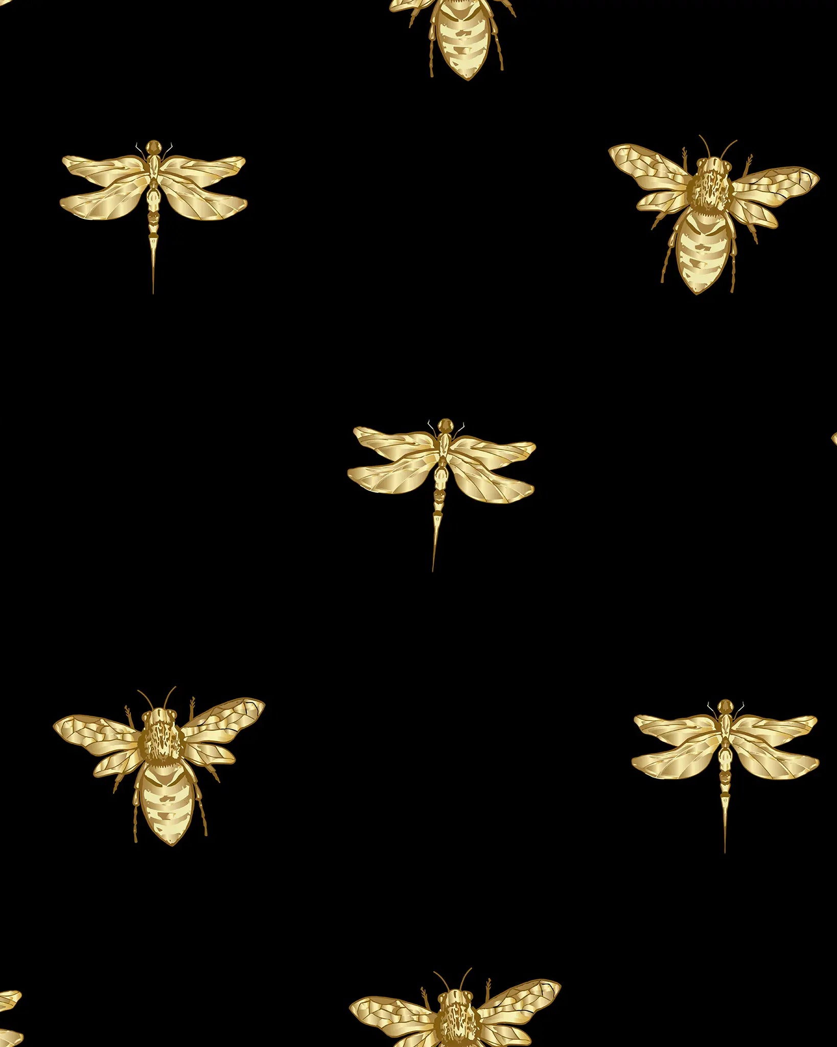 Pattern of gold insects on a black background