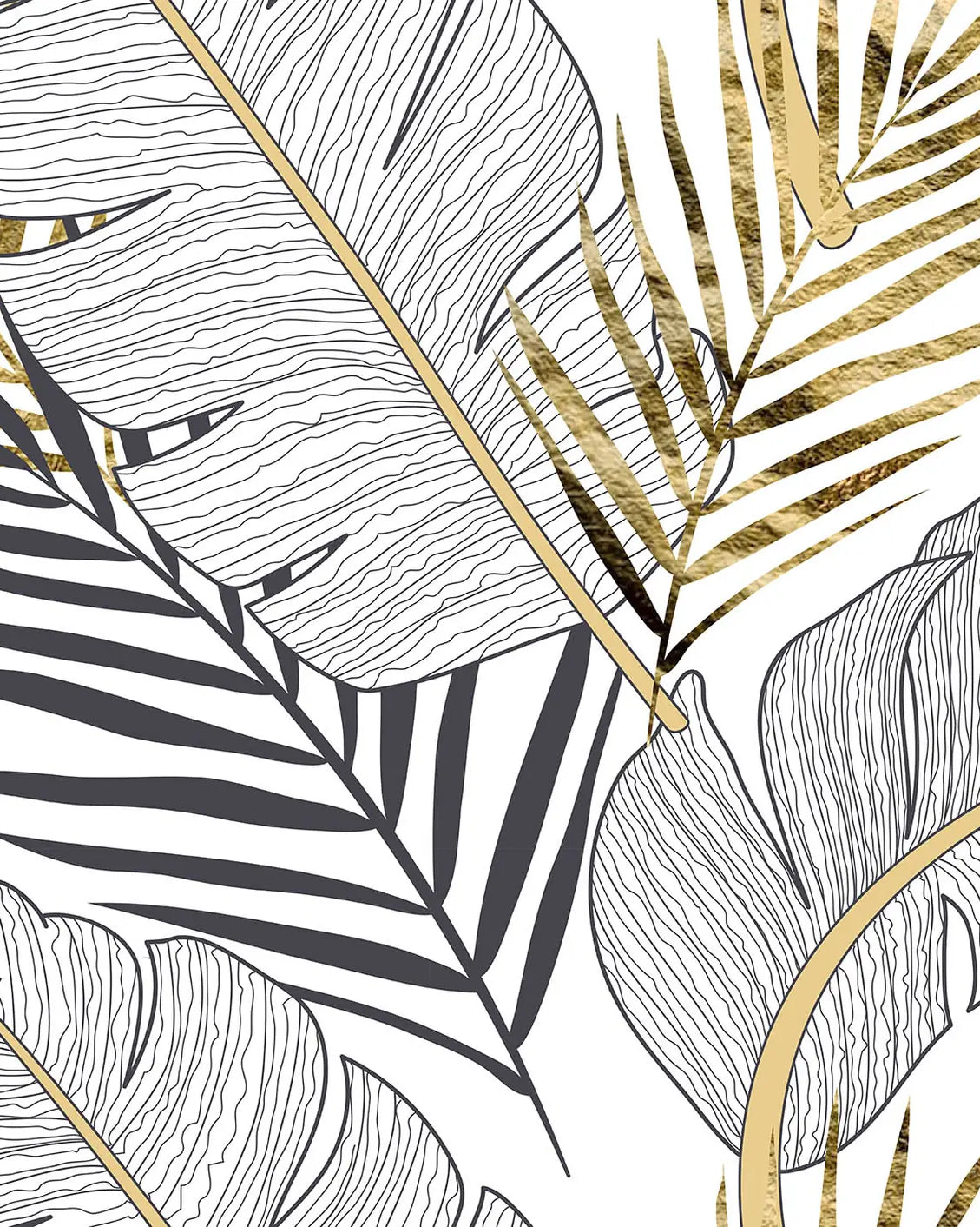 Pattern of black and white leaves with gold accents on a white background