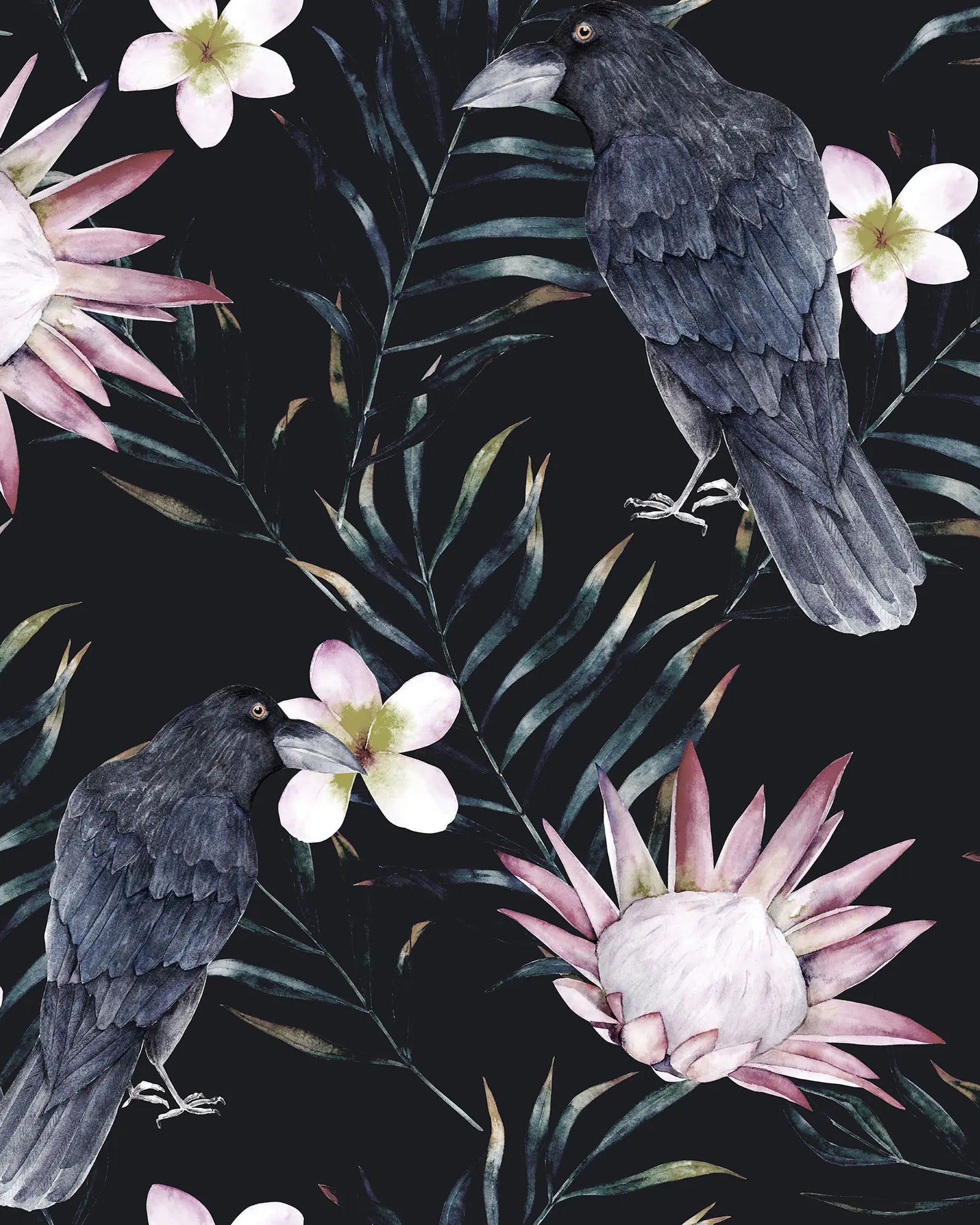 Pattern of black birds and pink flowers on a dark background