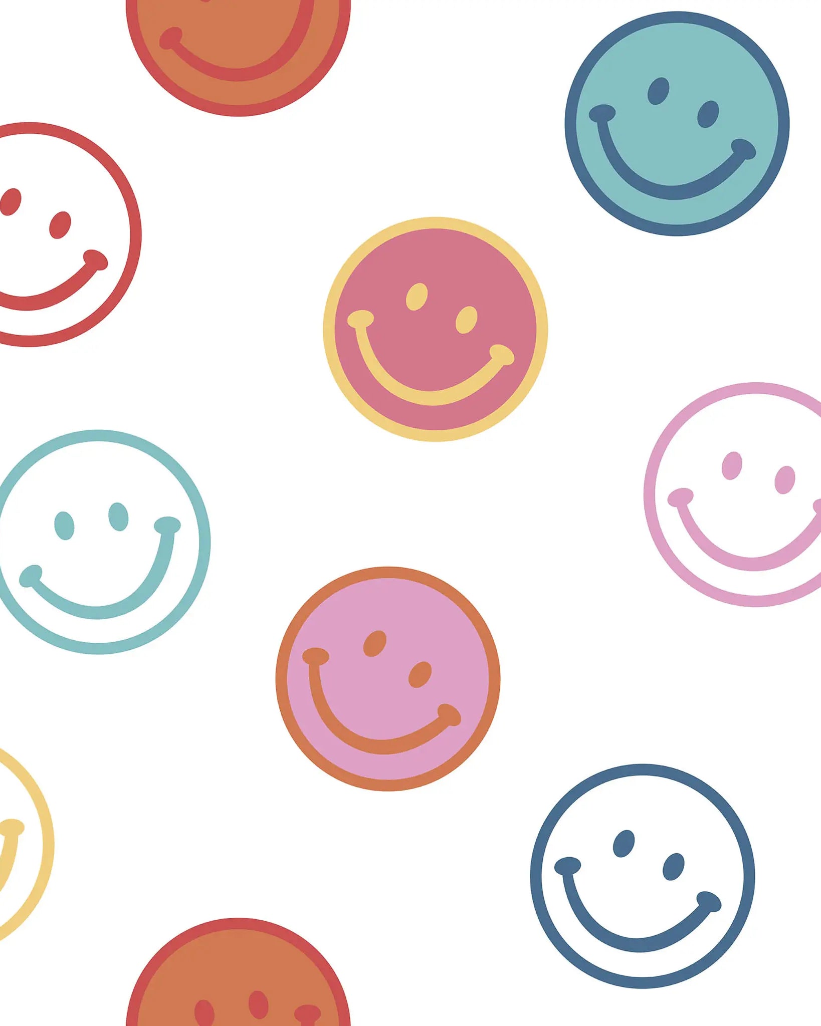 Pattern of colorful smiley faces on a white background