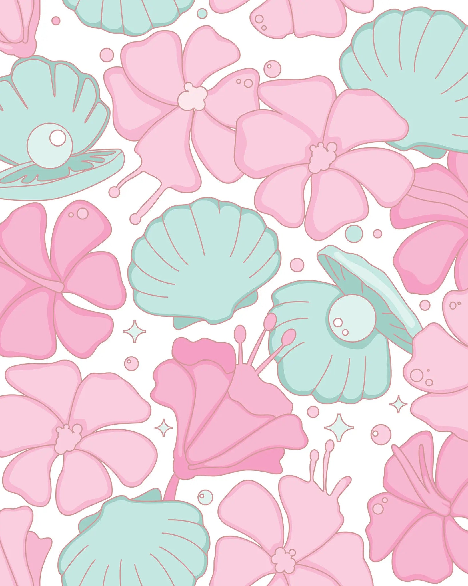 Pattern of pink flowers and green shells on a white background