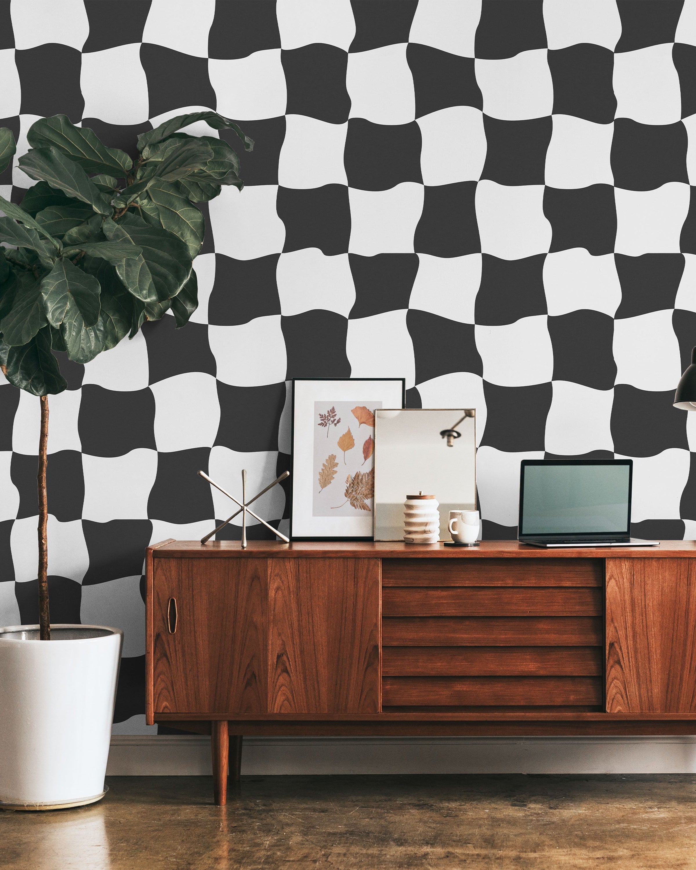 Wavy Squares Peel and Stick Wallpaper, Removable Wallpaper, Traditional Wallpaper - Black | DeccoPrint