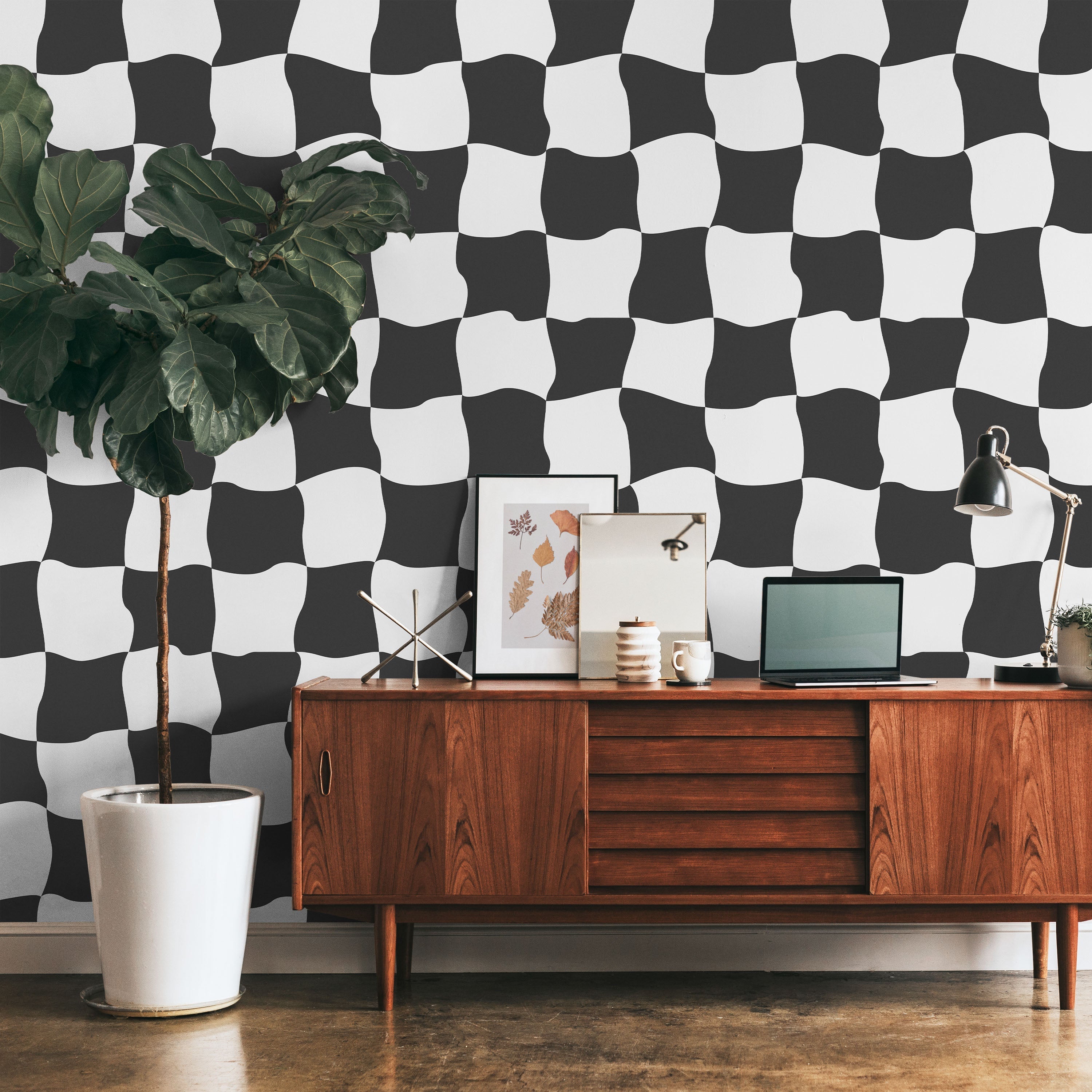 Wavy Squares Peel and Stick Wallpaper, Removable Wallpaper, Traditional Wallpaper - Black | DeccoPrint