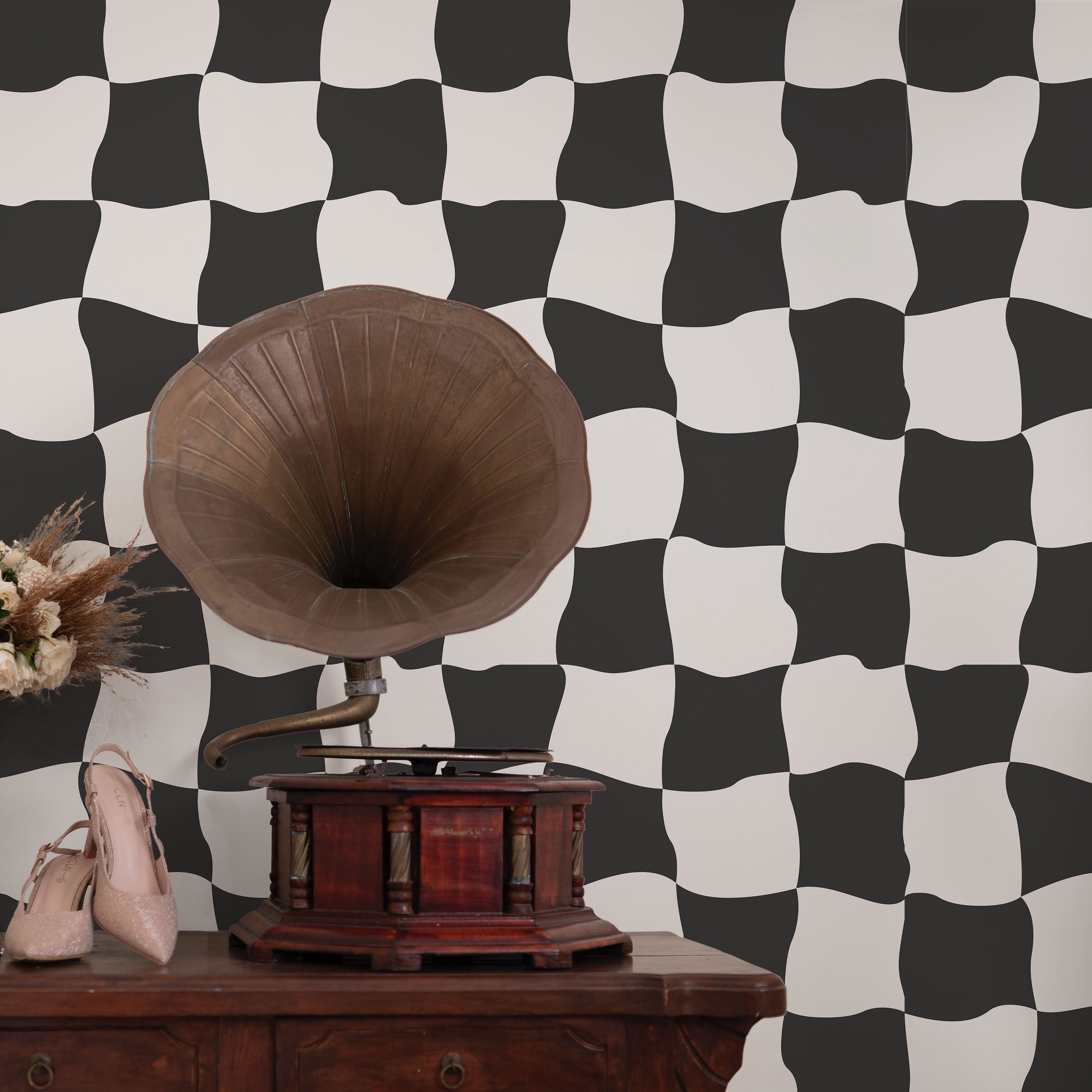 Wavy Squares Peel and Stick Wallpaper, Removable Wallpaper, Traditional Wallpaper - Black | DeccoPrint