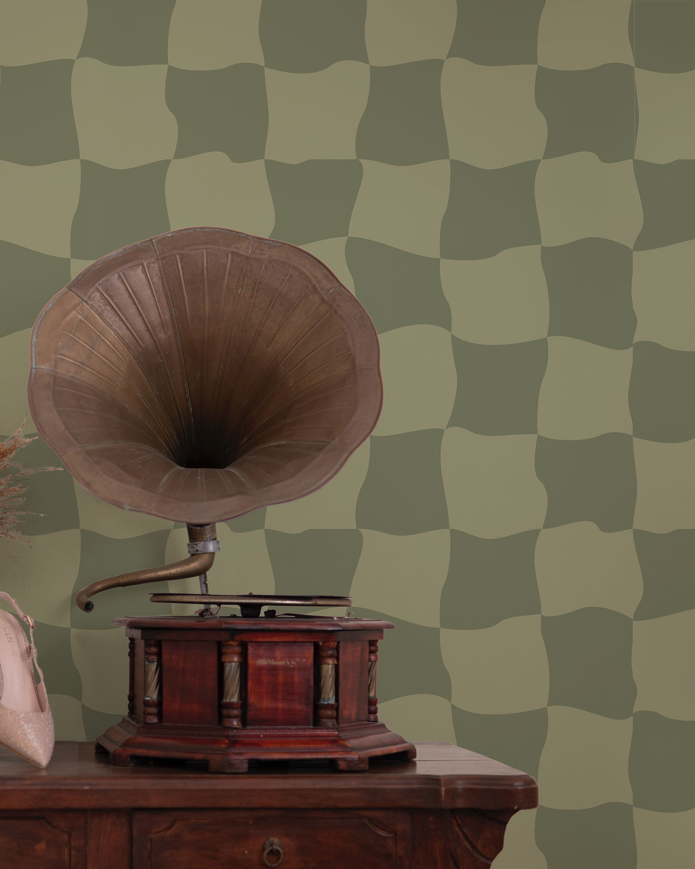 Wavy Squares Peel and Stick Wallpaper, Removable Wallpaper, Traditional Wallpaper - Green | DeccoPrint