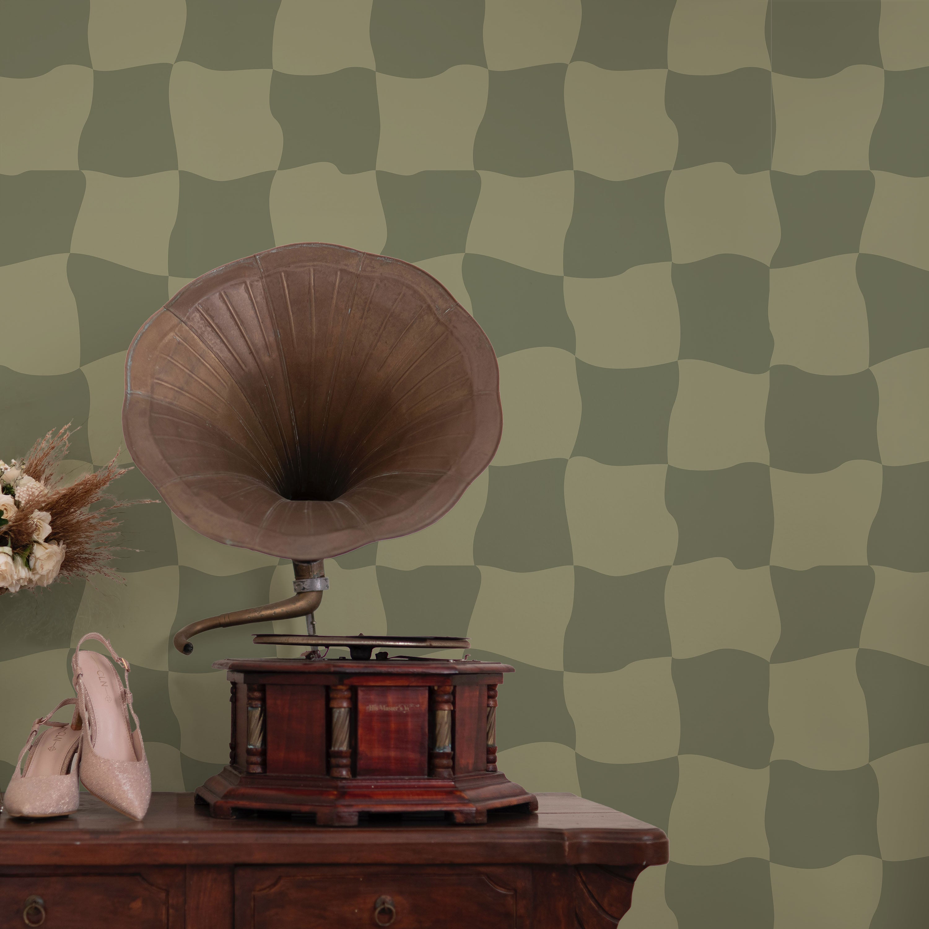 Wavy Squares Peel and Stick Wallpaper, Removable Wallpaper, Traditional Wallpaper - Green | DeccoPrint