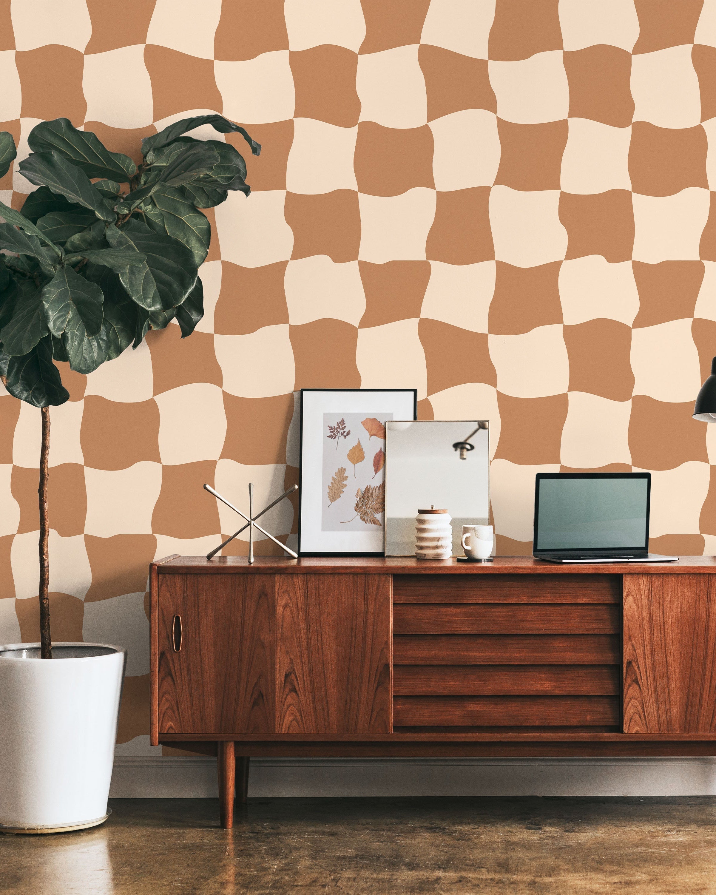 Wavy Squares Peel and Stick Wallpaper, Removable Wallpaper, Traditional Wallpaper - Orange | DeccoPrint