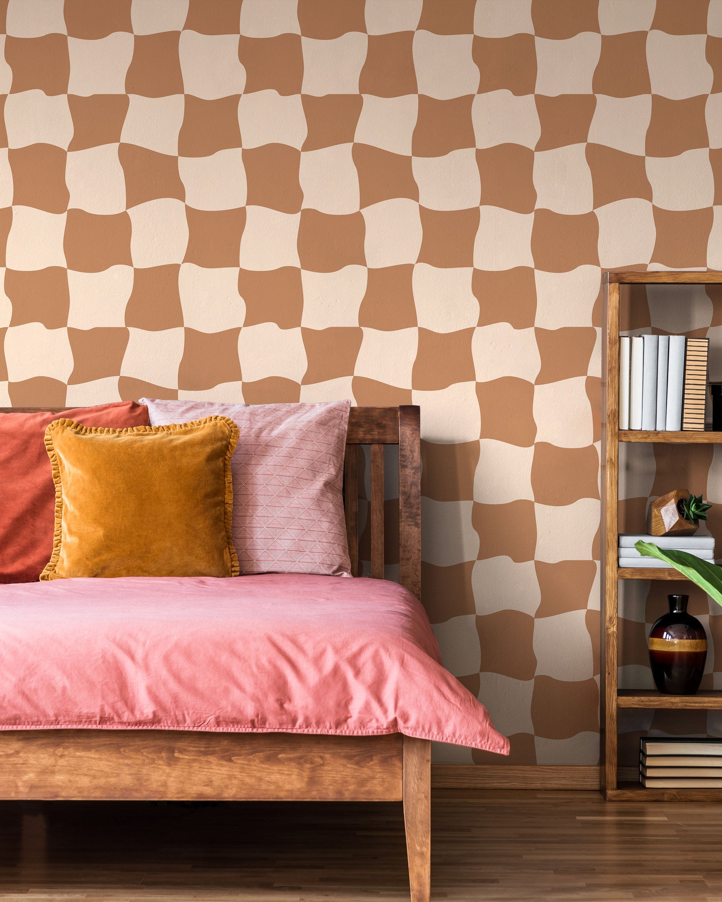 Wavy Squares Peel and Stick Wallpaper, Removable Wallpaper, Traditional Wallpaper - Orange | DeccoPrint